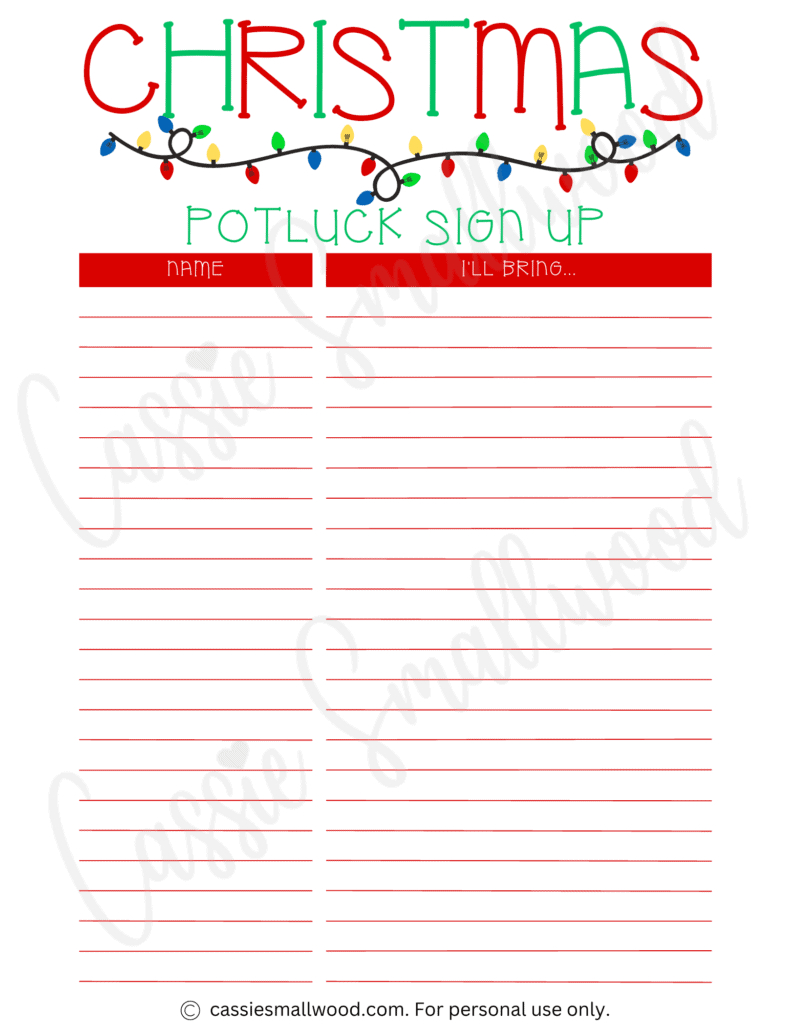 Cute Christmas Potluck Sign Up Sheets - Cassie Smallwood pertaining to Christmas Party Sign Up Sheet Template Free Printable