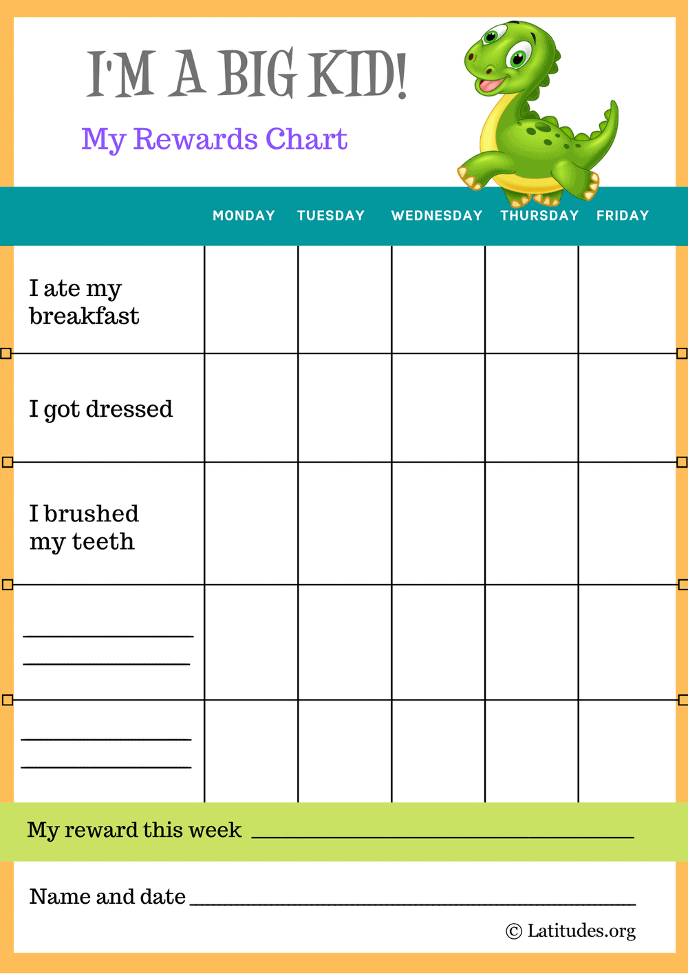 Dinosaur I'M A Big Kid Self-Care Reward Chart - Acn Latitudes regarding Downloadable Free Printable Sticker Chart