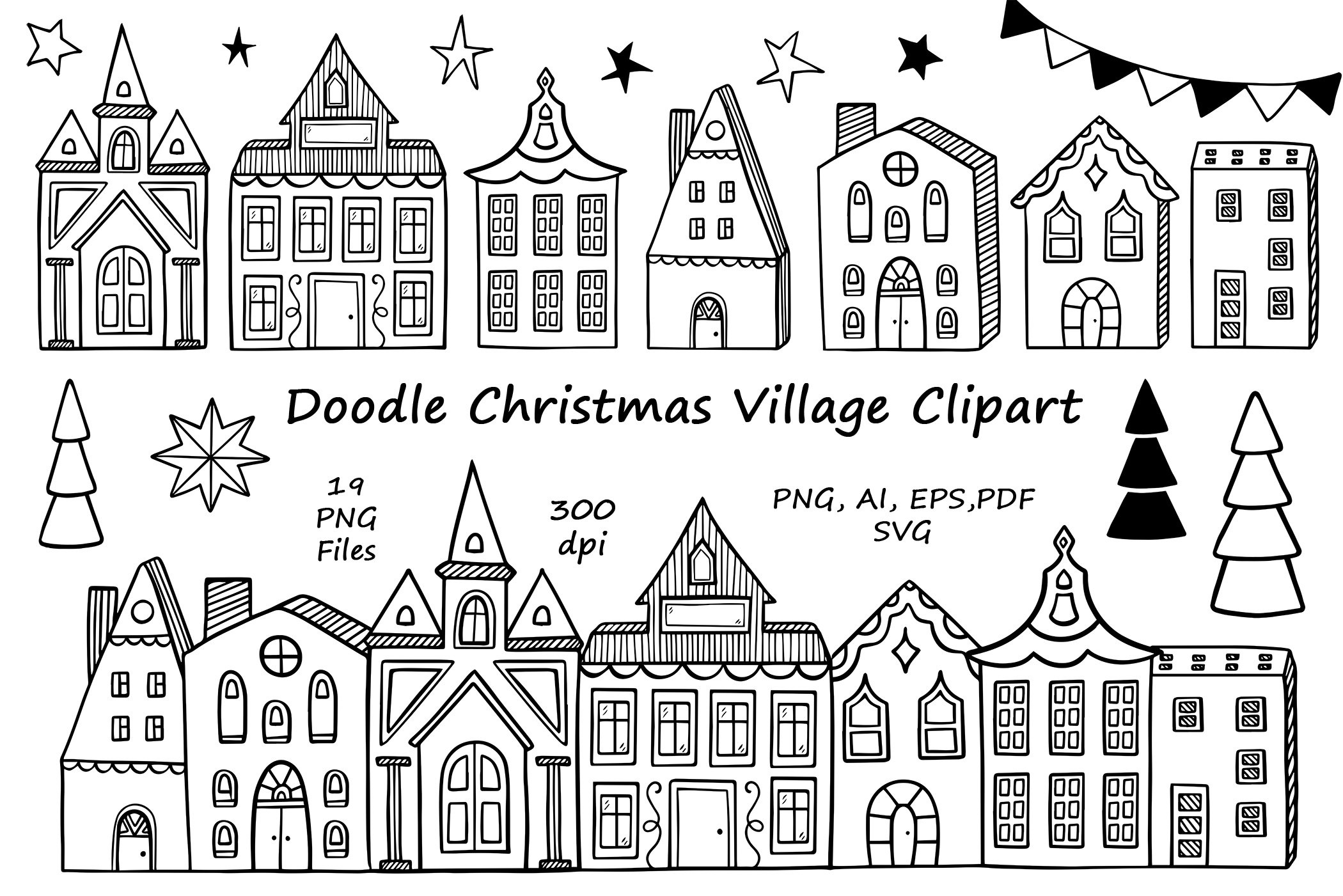 Doodle Christmas Village Clipart, Houses Svg,House, Png, Vector throughout Christmas Village Outline Printable