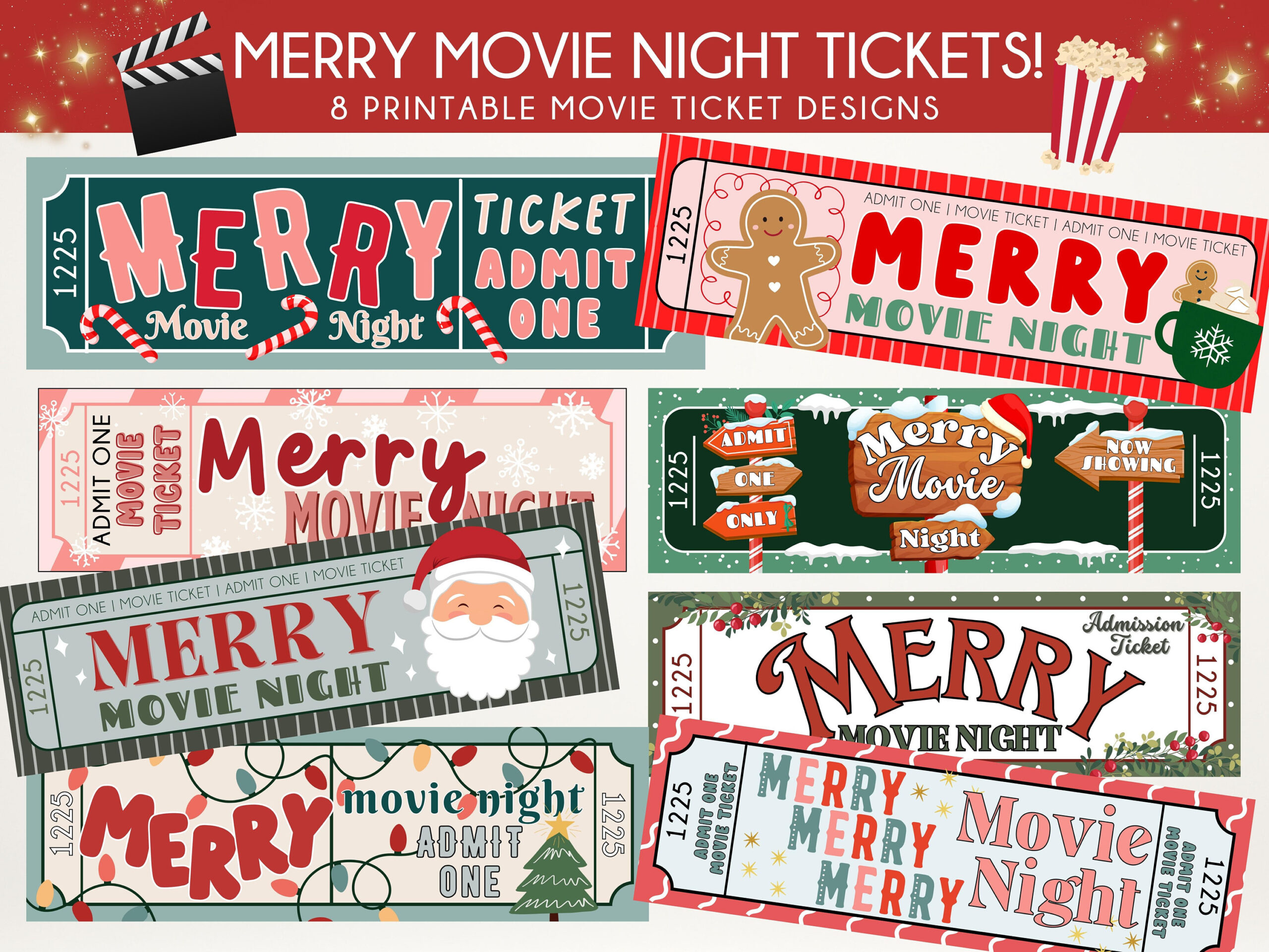 Druckbare Merry Movie Night Tickets | Christmas Movie Night Sofort intended for Christmas Movie Night Printable