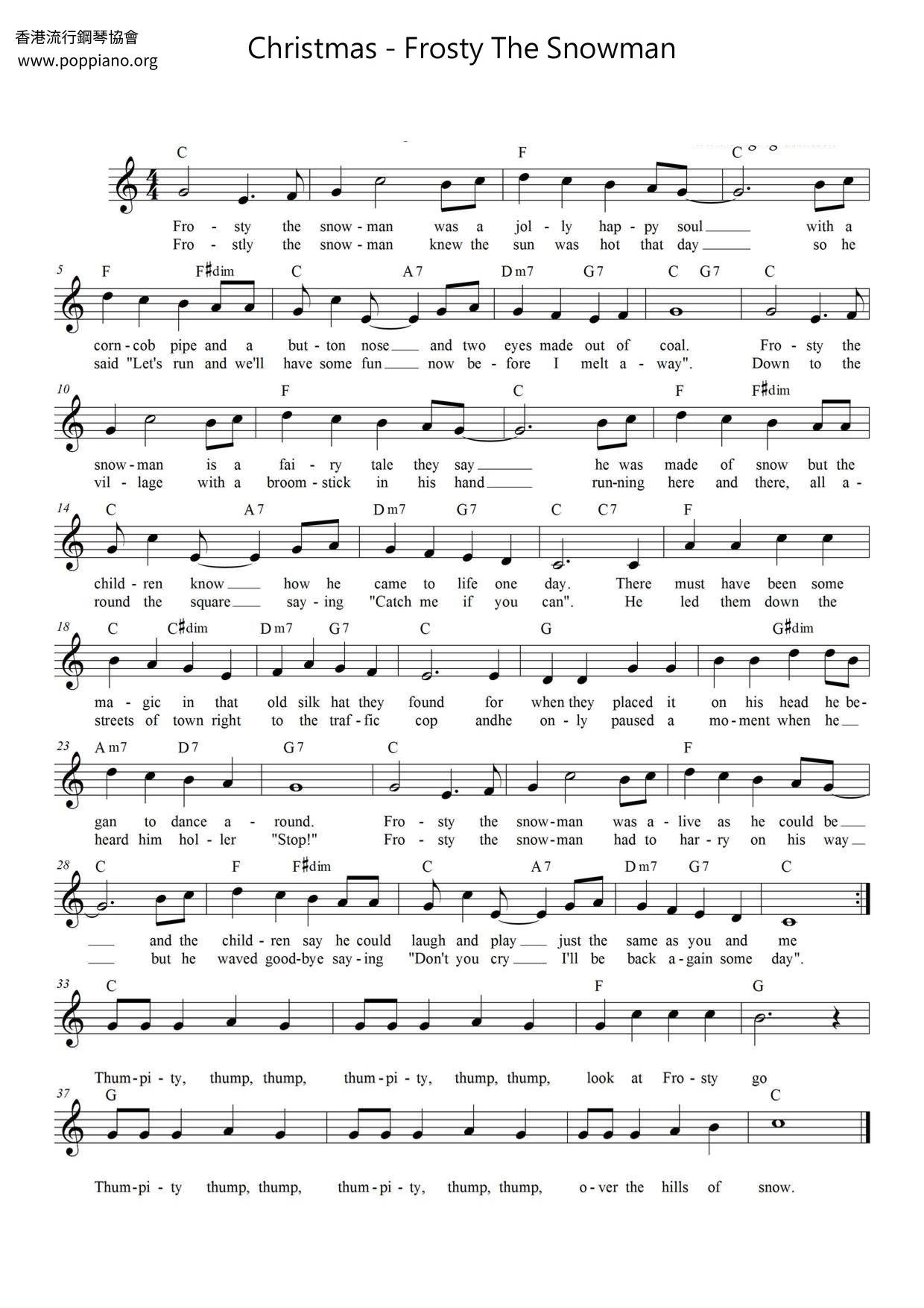 ☆ Frosty The Snowman | Sheet Music | Piano Score Free Pdf within Free Printable Frosty the Snowman Sheet Music