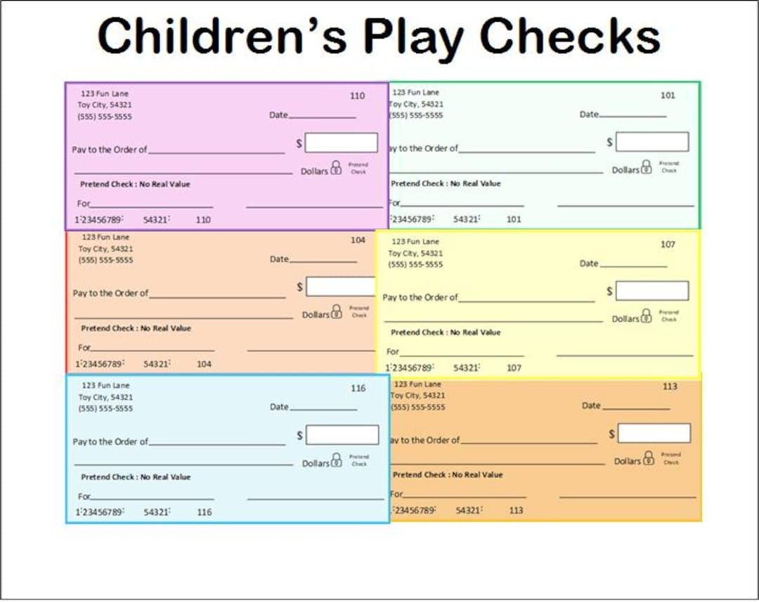 Editable Children'S Play Checks~Printable Pretend Play Checks~Toy Checks~Kids Checks~Pretend Checks~Fake Checks~Dramatic Play Checks - Etsy intended for Free Printable Play Checks