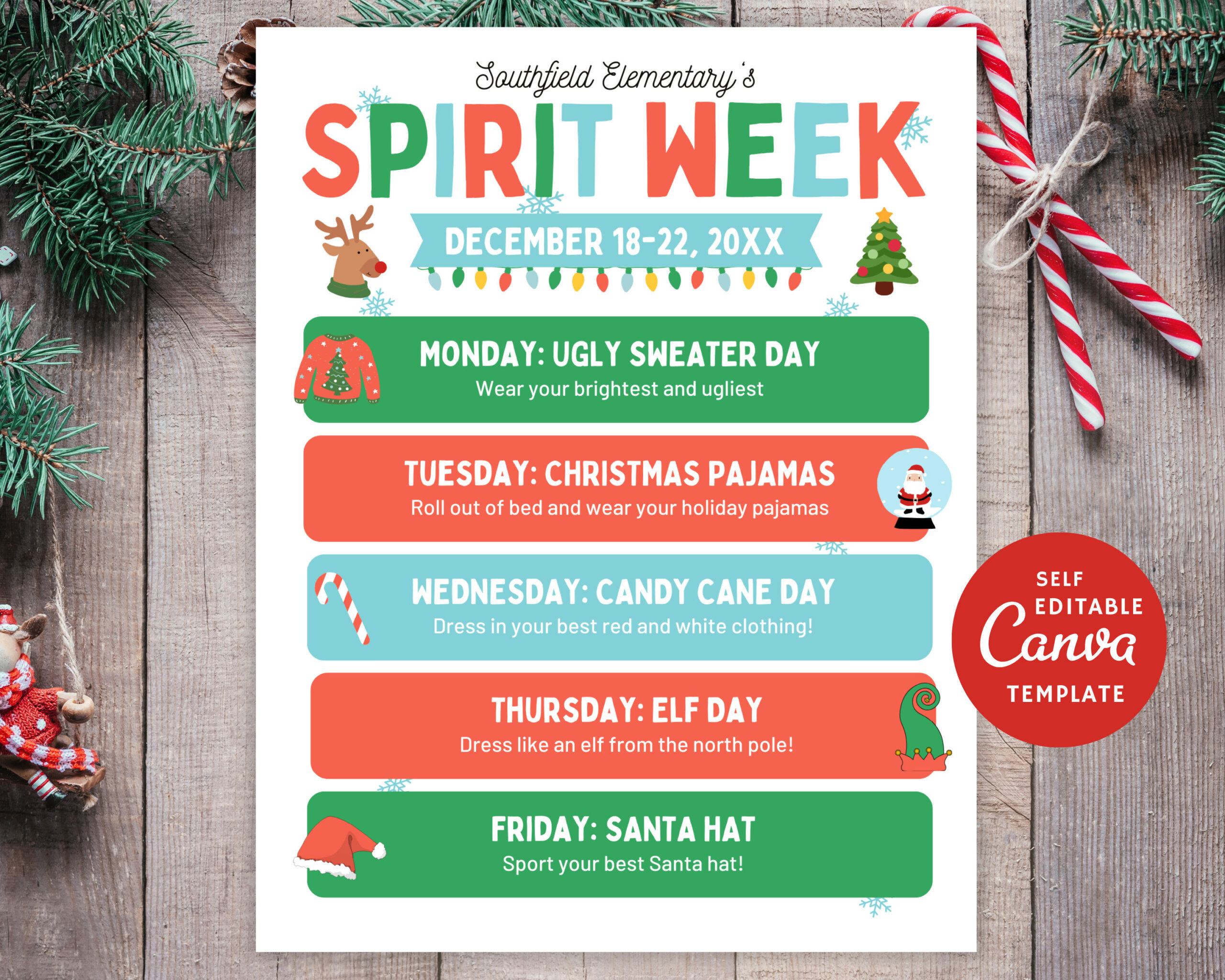 Editable Christmas Spirit Week Flyer: Holiday Dress Up Schedule within Christmas Spirit Week Templates