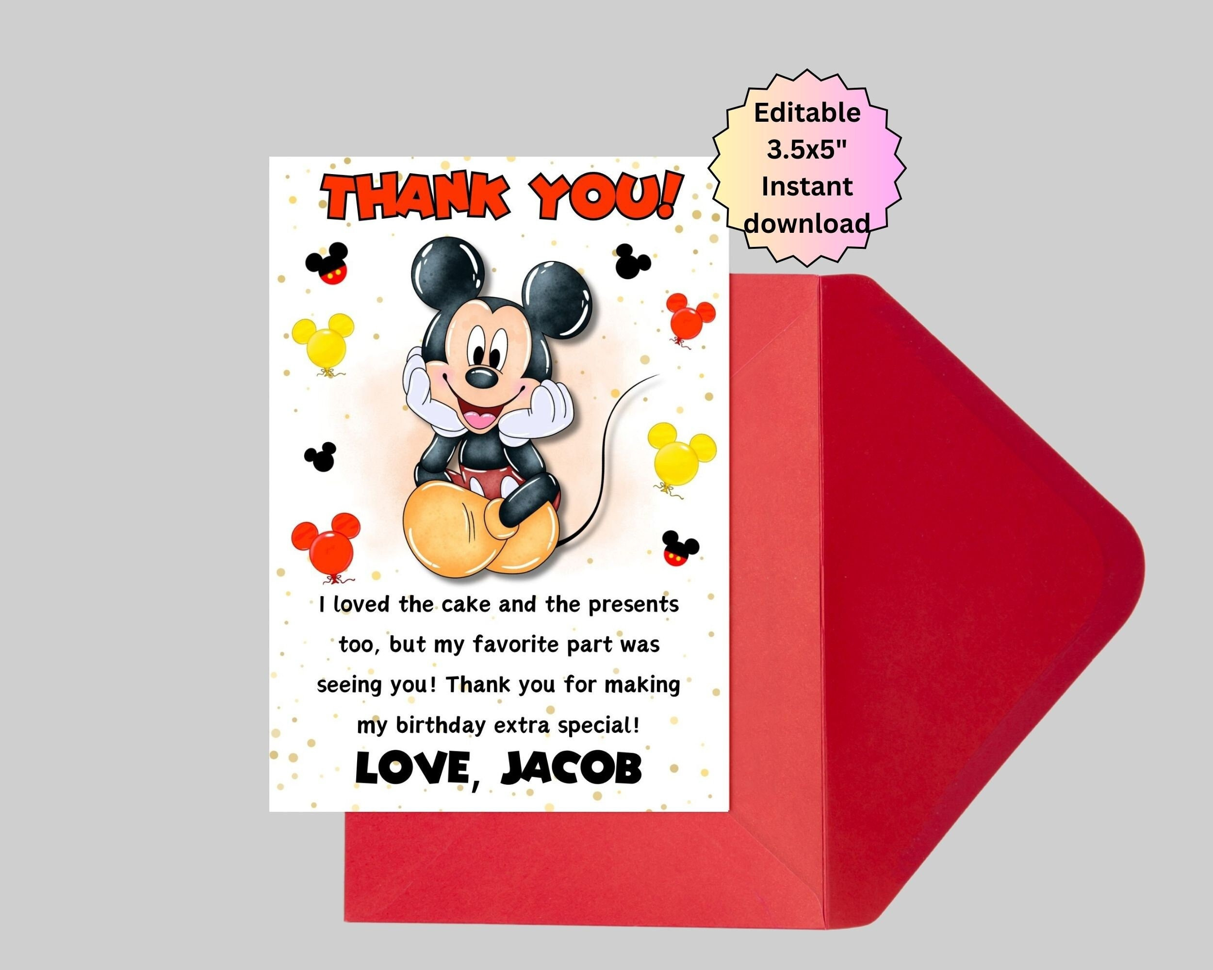 Editable Red Mickey Mouse Thank You Card, Thank You Cards, Thank inside Mickey Mouse Thank You Photo Cards Printable