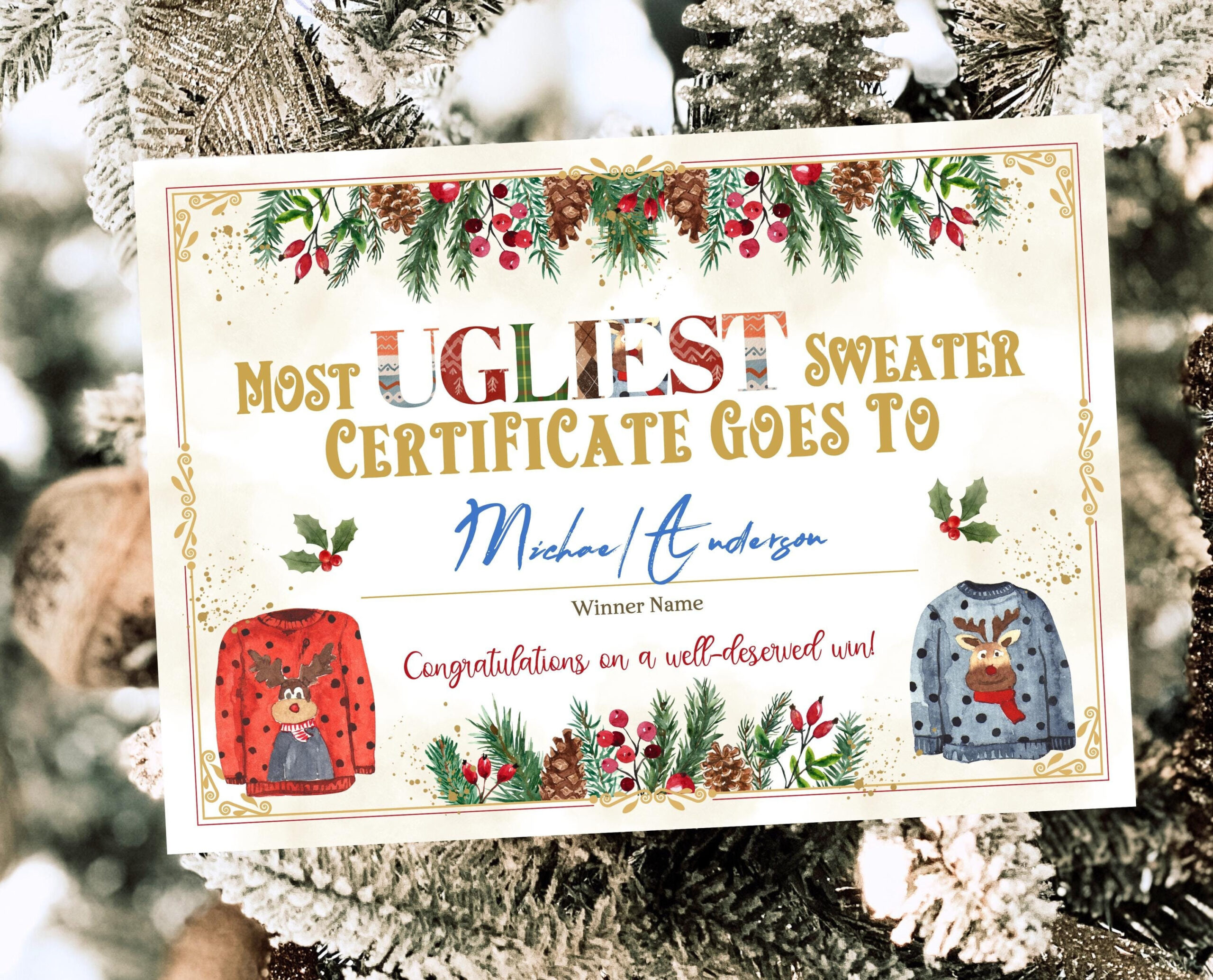 Editable Ugly Sweater Christmas Certificate, Ugly Sweater Contest with Ugly Christmas Sweater Awards Printable