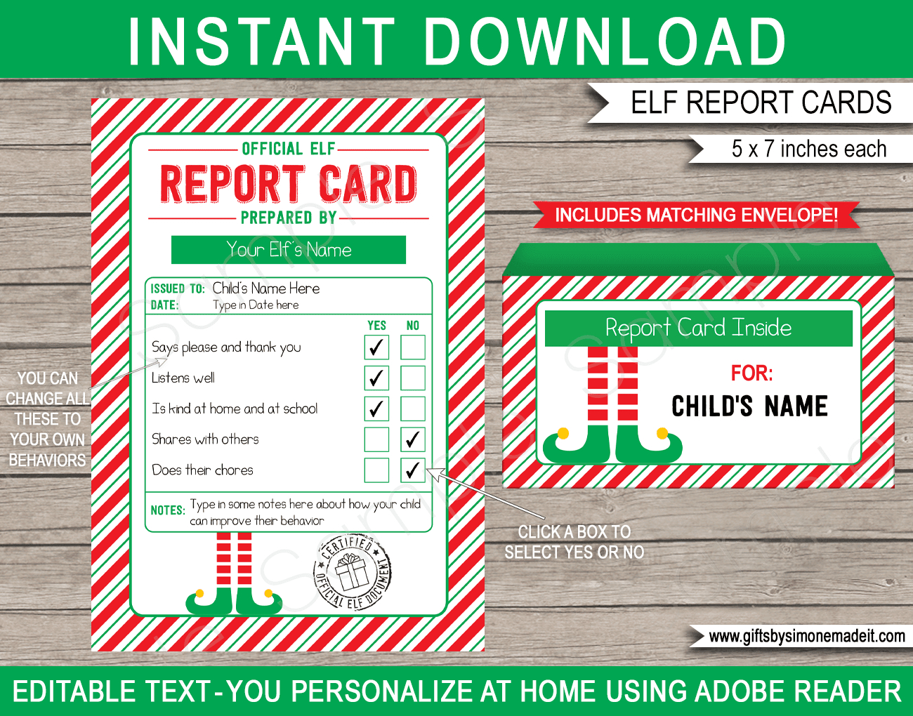 Elf Report Cards & Matching Envelope regarding Elf On The Shelf Report Card Free Printable