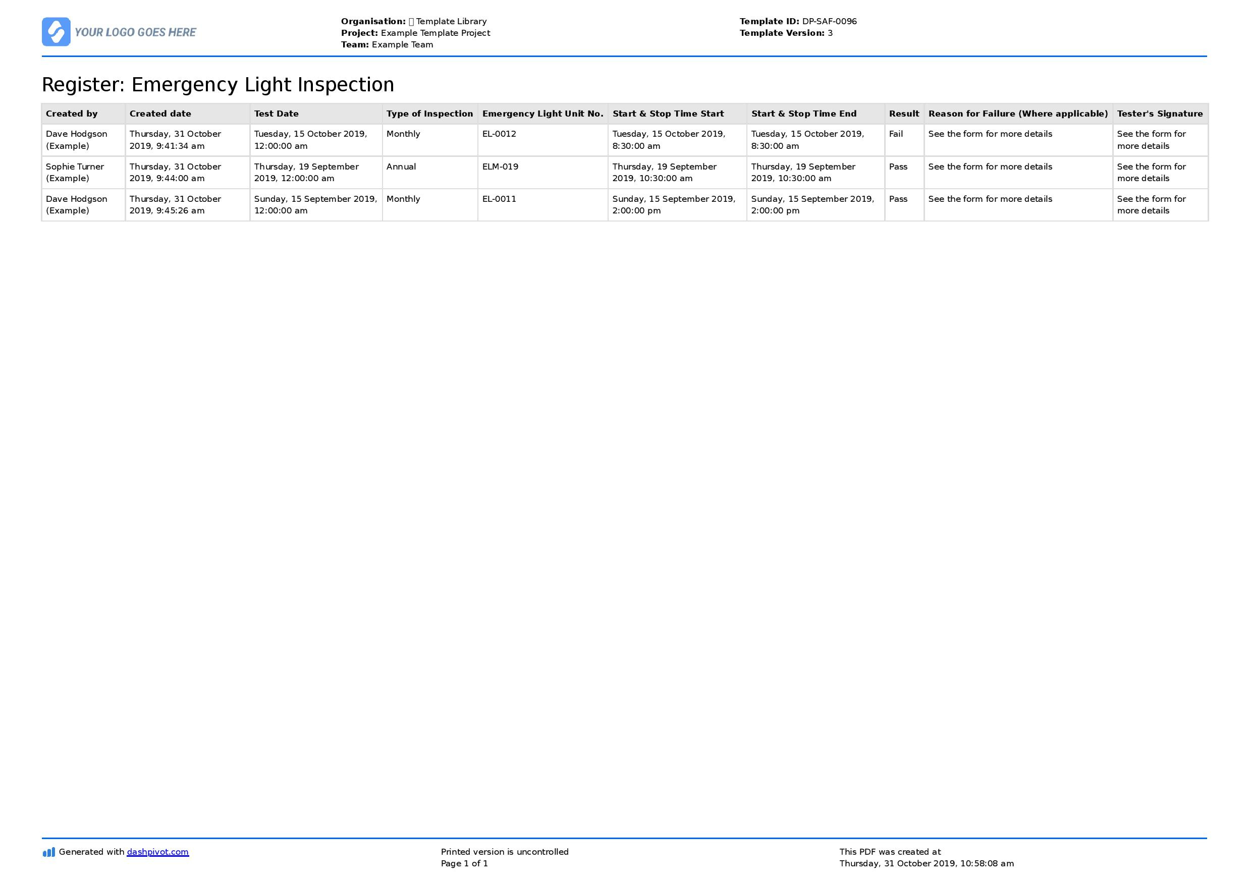 Emergency Lighting Test Log Template (The Smart Log Book/Sheet) inside Free Printable Emergency Lighting Test Log Template