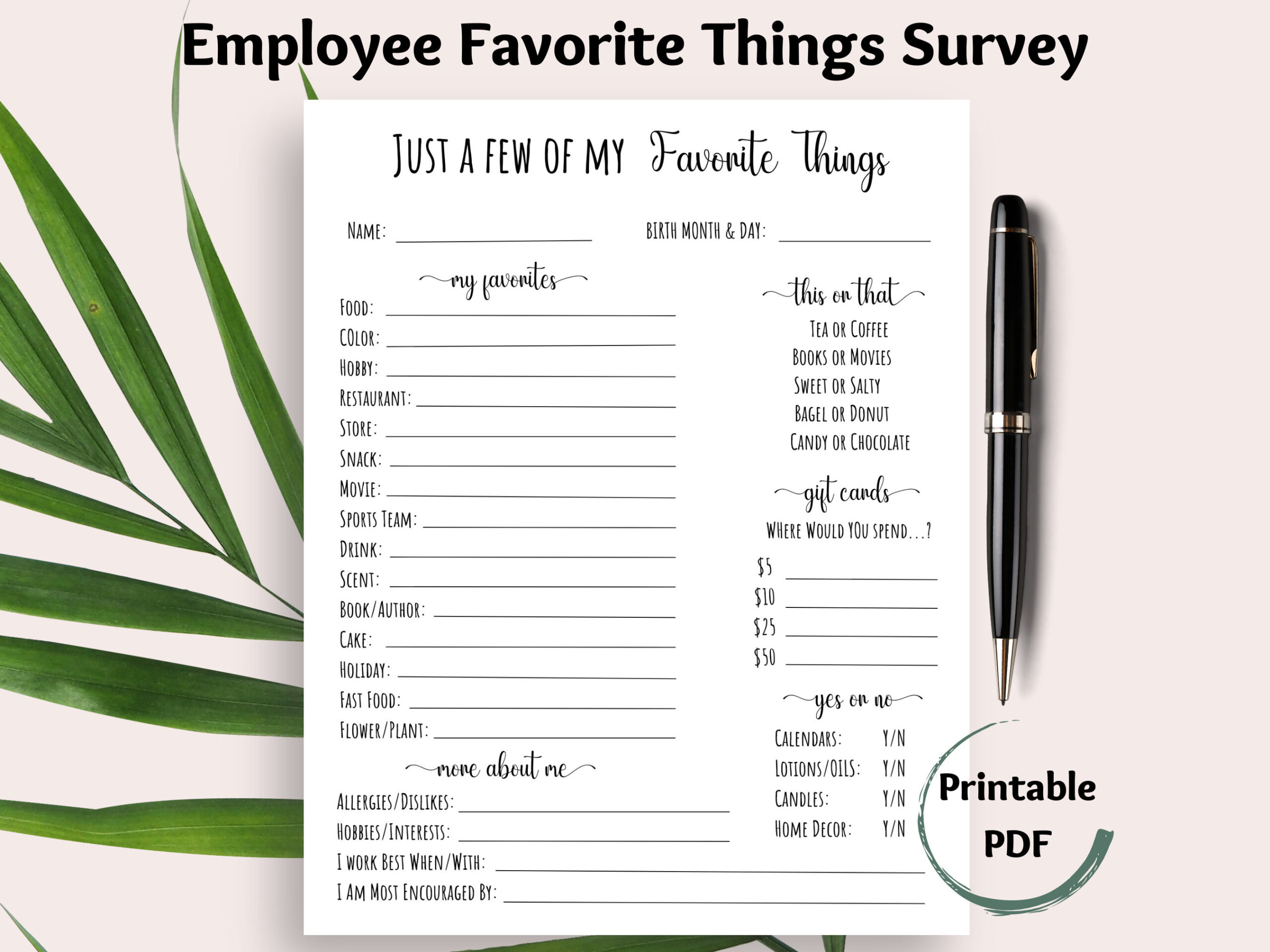 Employee Favorite Things Survey, Coworker Questions Printable, All intended for Free Printable Employee Favorite Things List