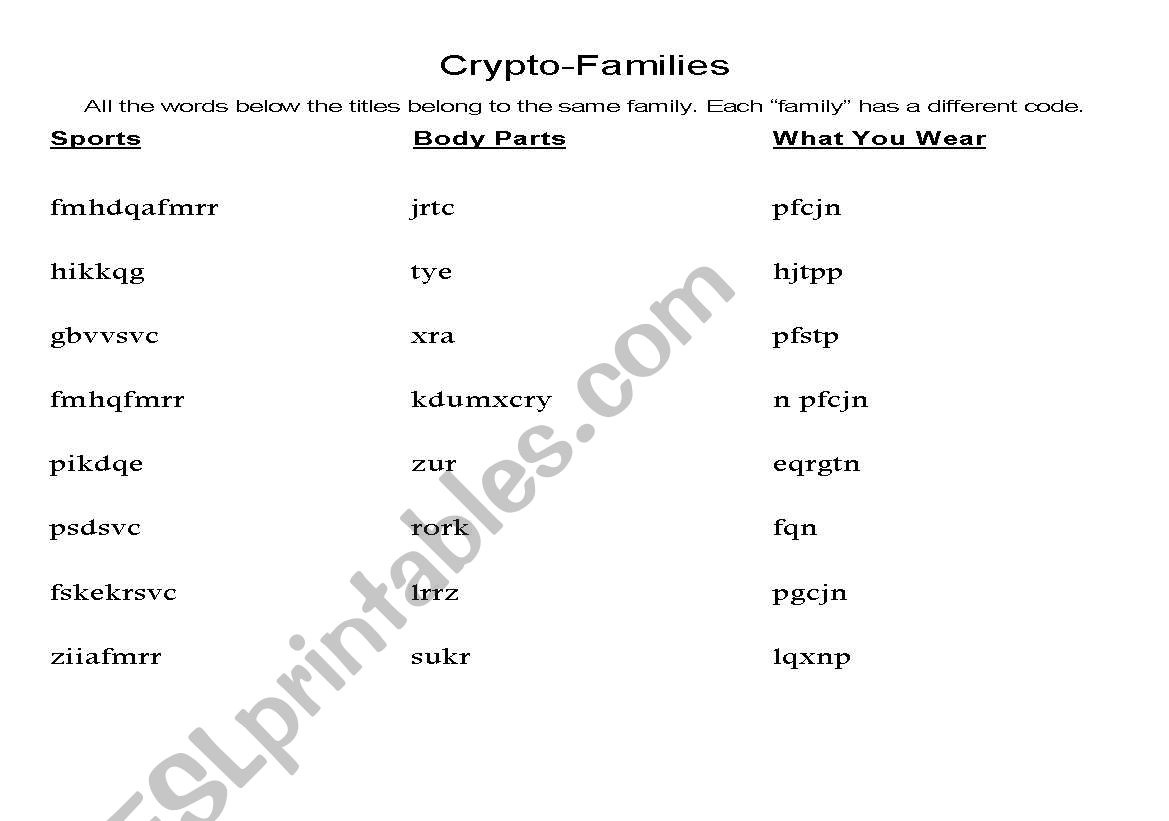 English Worksheets: Crypto-Families: Find Words In Each Family inside Free Printable Cryptofamilies Puzzles