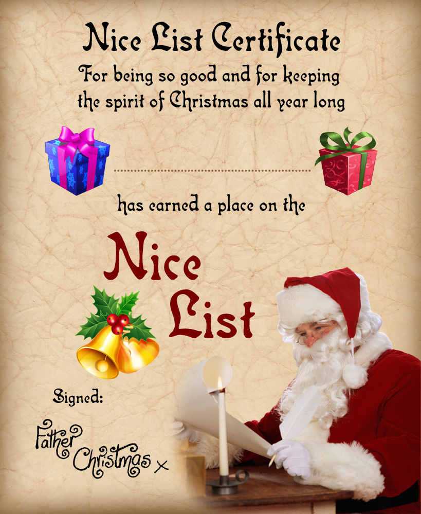 Father Christmas Certificate: Nice List | Rooftop Post Christmas pertaining to Santa Certificate Printable
