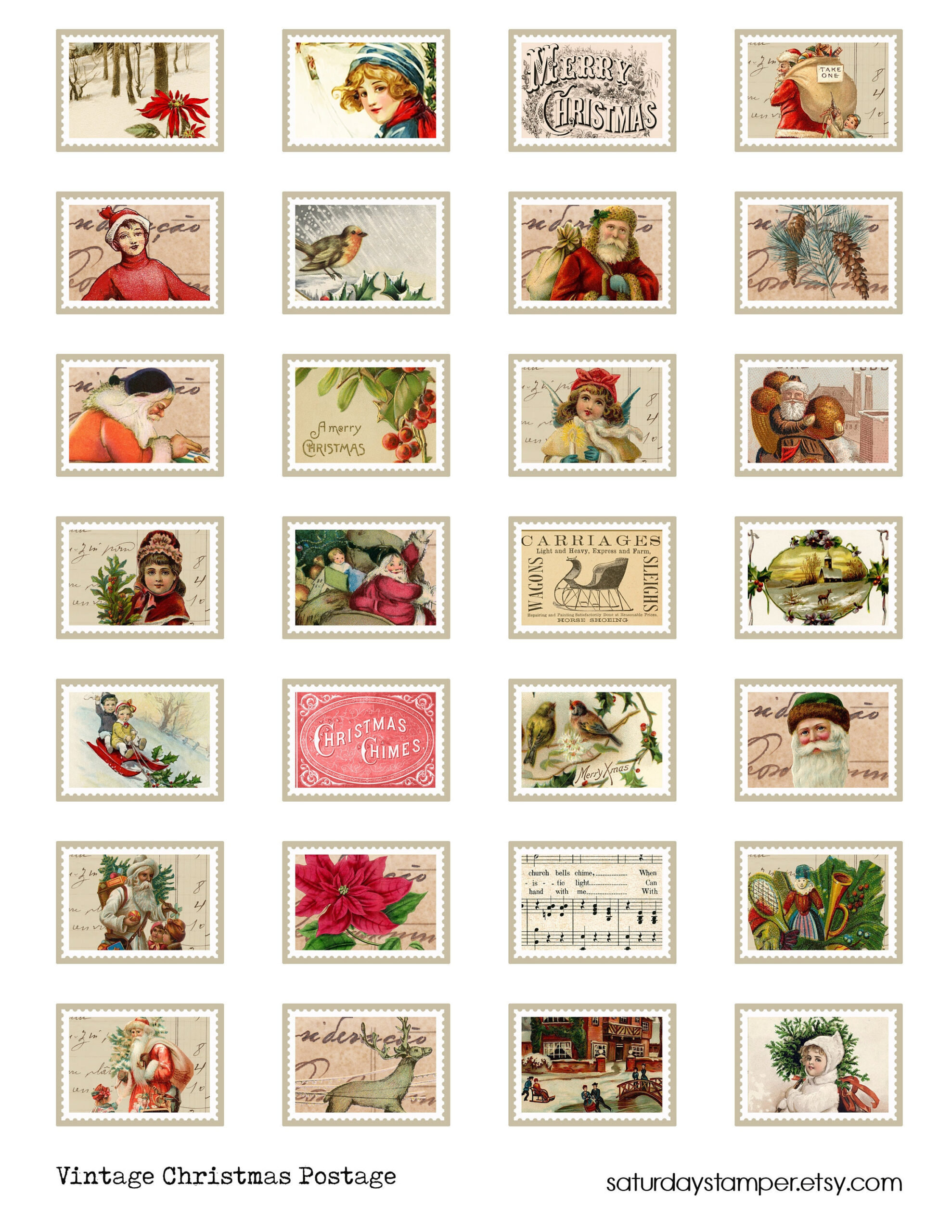 Faux Postage Stamps, Christmas Stamps, Digital Printable, Vintage with Printable Christmas Postage Stamps