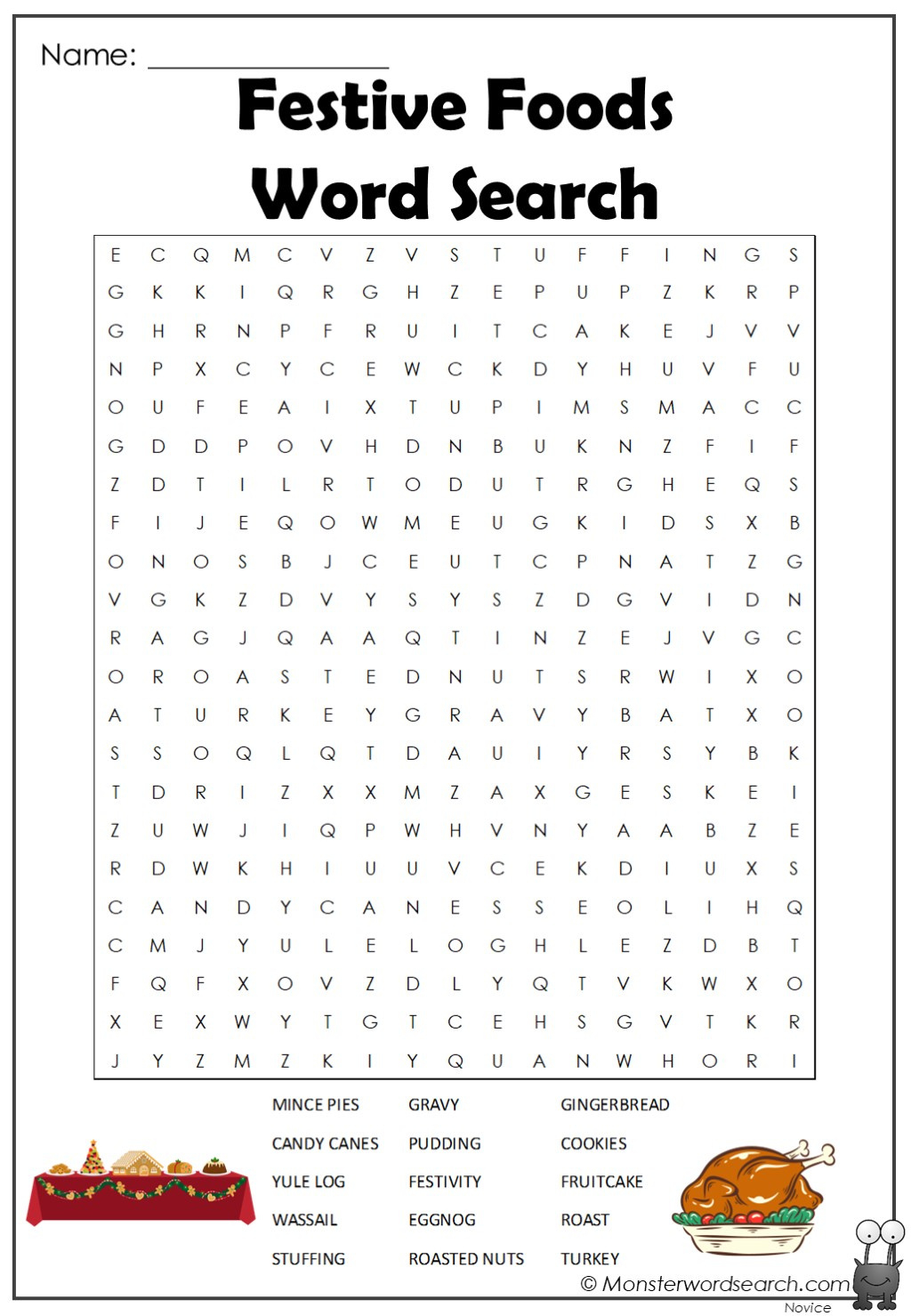 Festive Foods Word Search - Monster Word Search with Christmas Food Word Search Printable