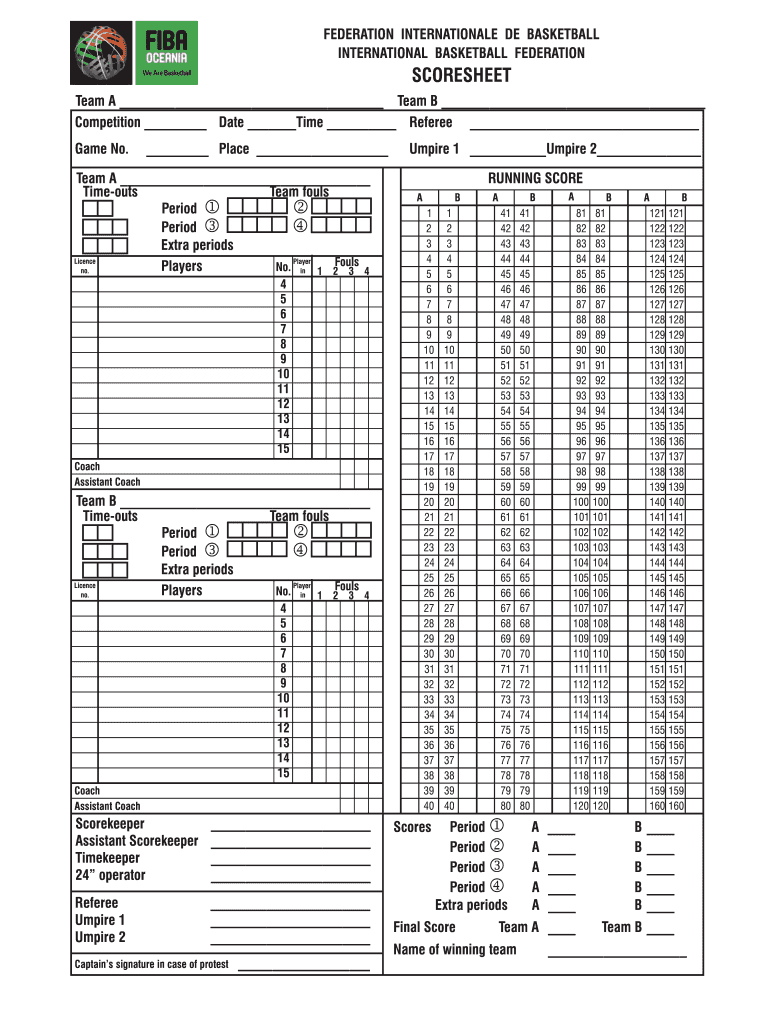 Fiba Oceania Scoresheet Form - Fill Online, Printable, Fillable in Free Printable Basketball Score Sheet Template