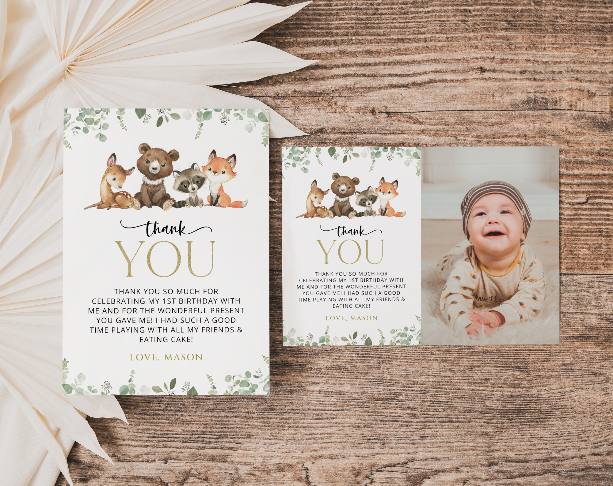 Forest Animals Thank You Card, First Birthday, Printable File, Edit  Yourself, Sh28 regarding First Birthday Thank You Cards Printable