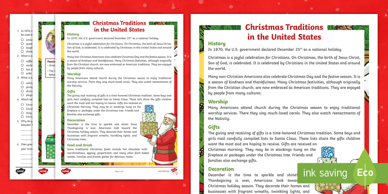 Fourth Grade Christmas Traditions In The United States Reading for 4th Grade Christmas Reading Comprehension Worksheets
