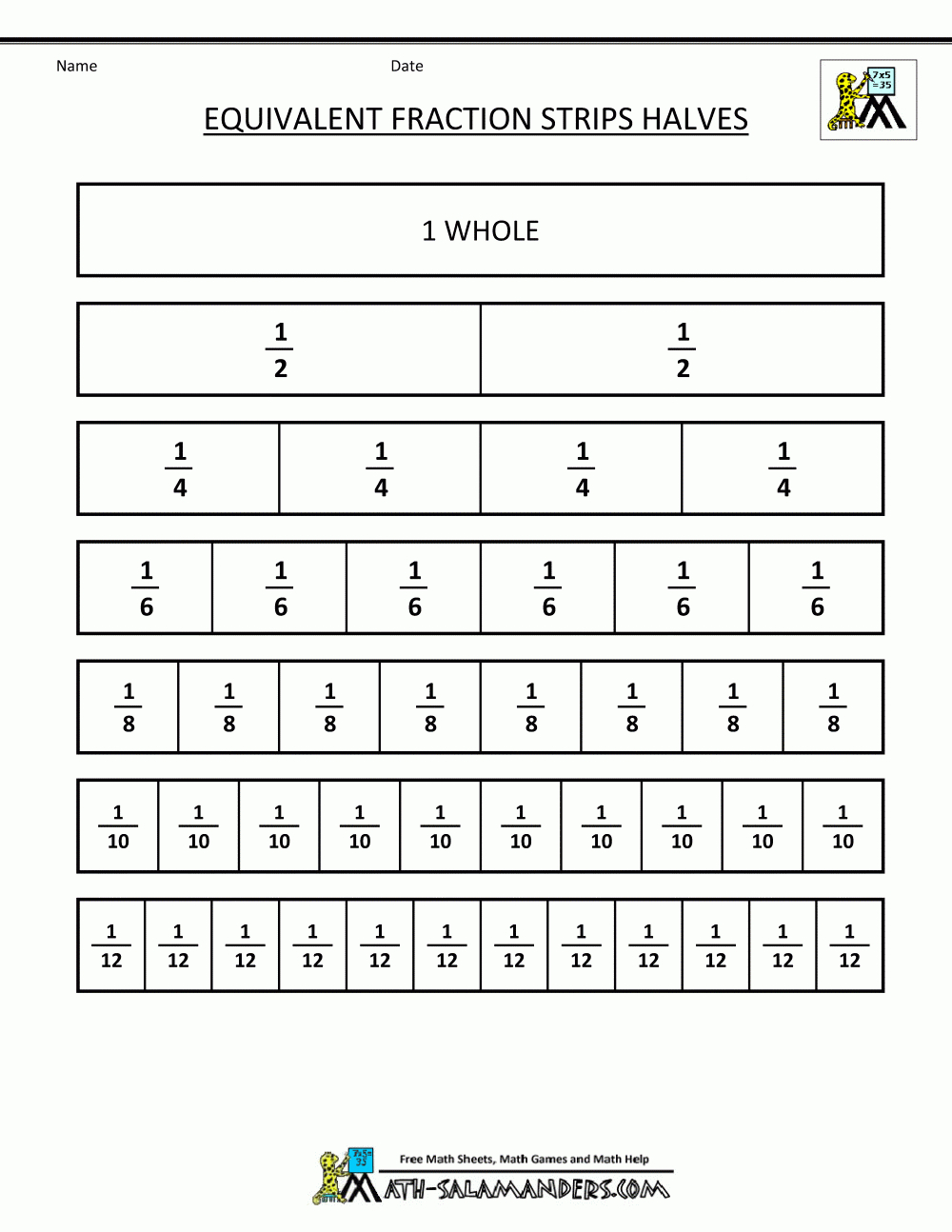 Fraction Strip - Equivalent Fractions throughout Free Fraction Chart Printable