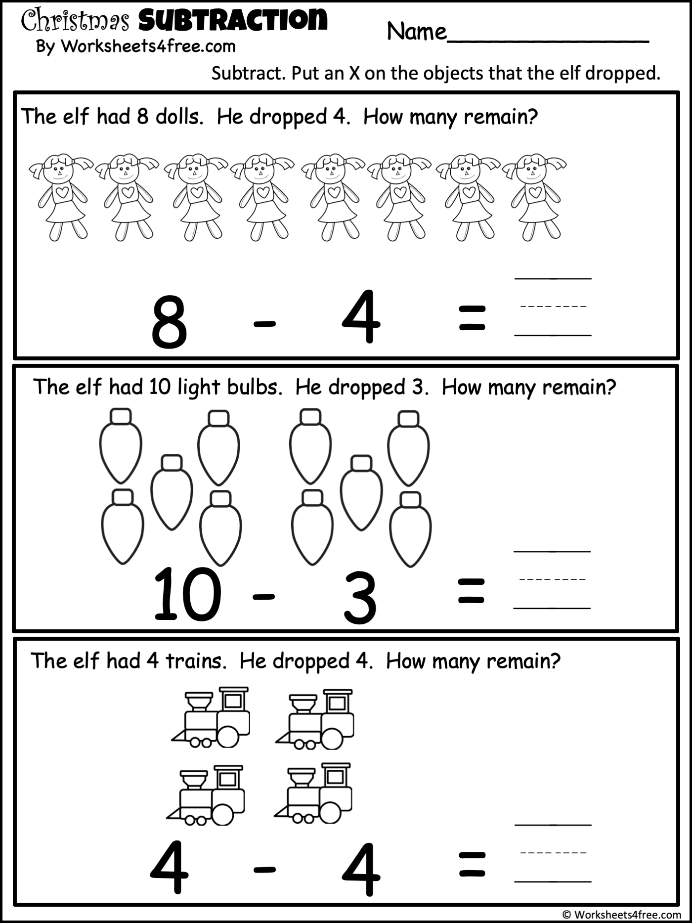 Free 1 Digit Subtraction Worksheet For Christmas - Worksheets4Free in Christmas Subtraction Worksheet