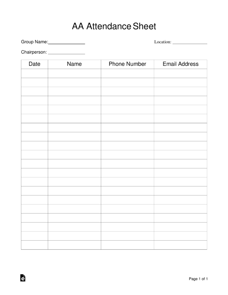 Free Alcoholics Anonymous (Aa) Sign-In / Attendance Sheet Template in Free Printable Aa Sign in Sheets