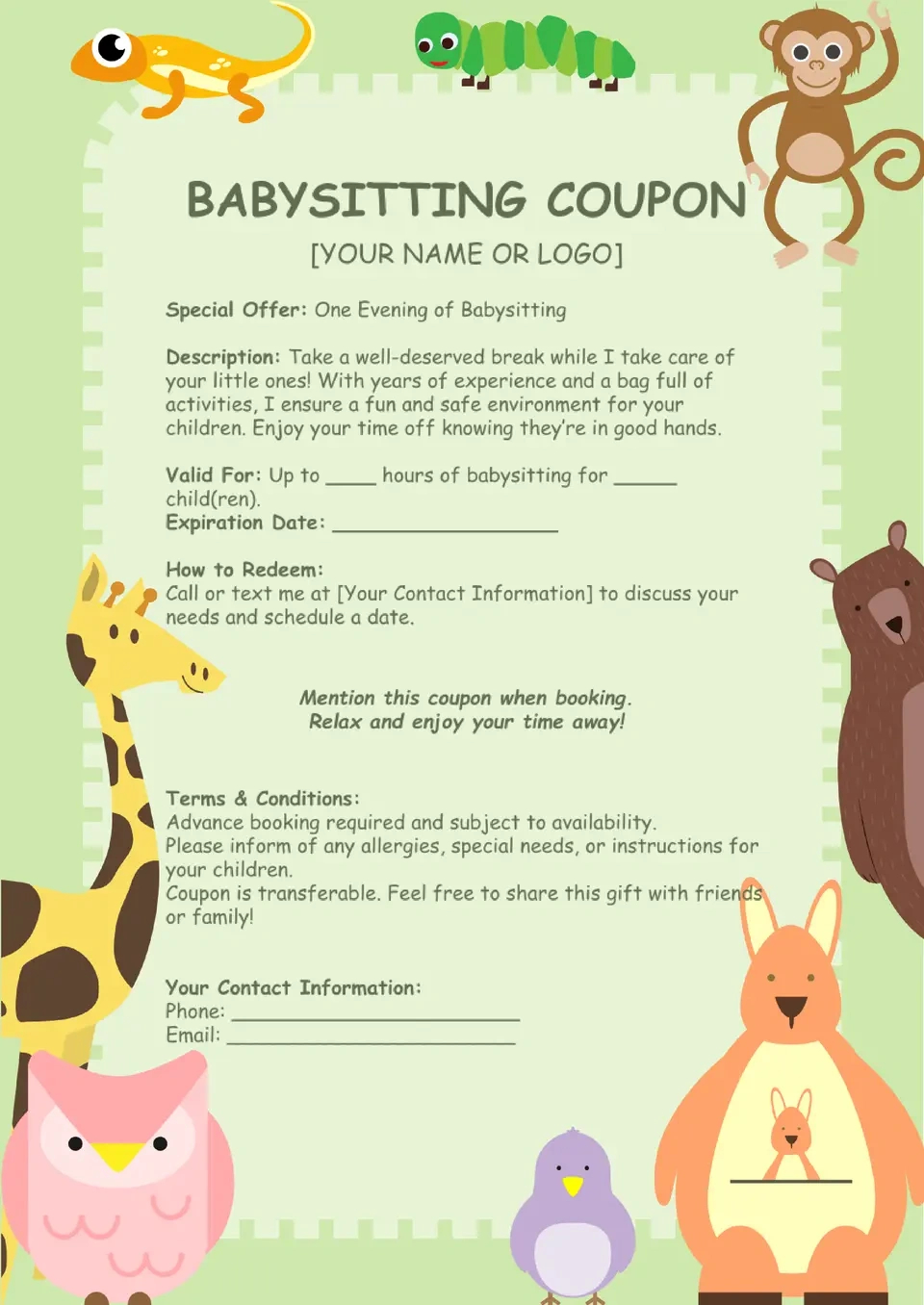 Free Babysitting Coupon Template For Google Docs pertaining to Free Printable Babysitting Coupon Template