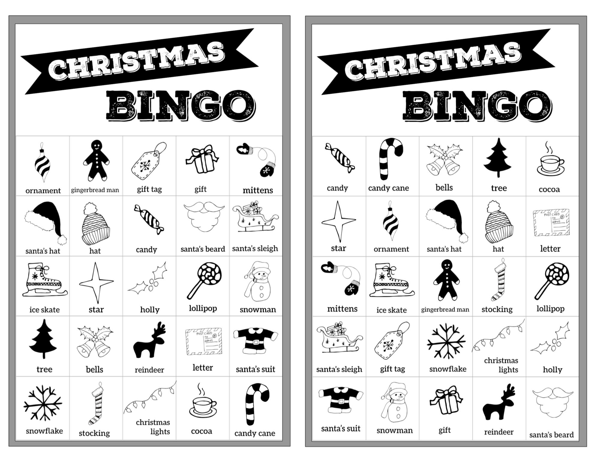 Free Christmas Bingo Printable Cards - Paper Trail Design pertaining to Christmas Bingo Printable Black And White
