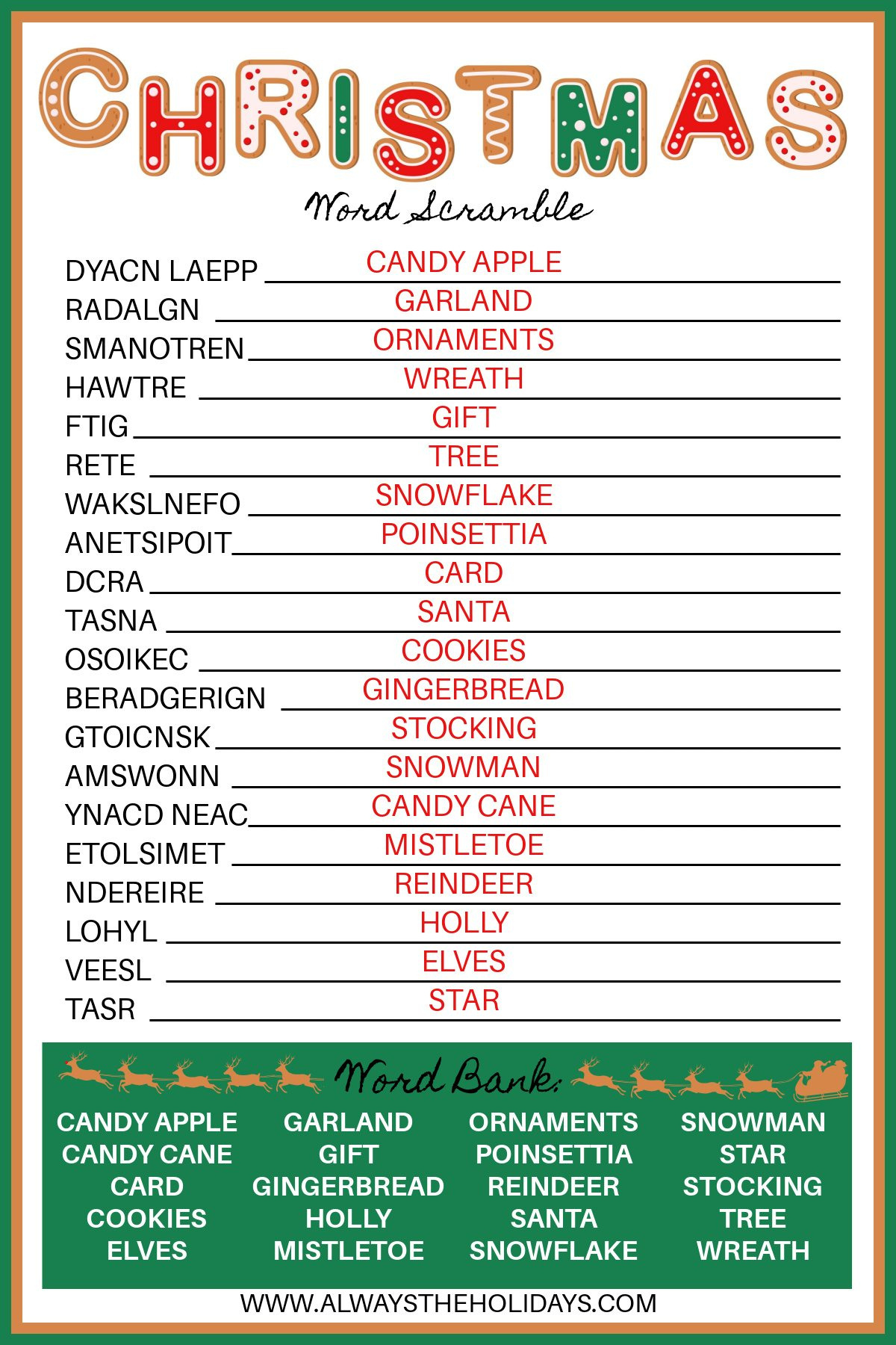 Free Christmas Word Scramble Printable With Answer Key Included throughout Printable Christmas Word Scramble with Answers