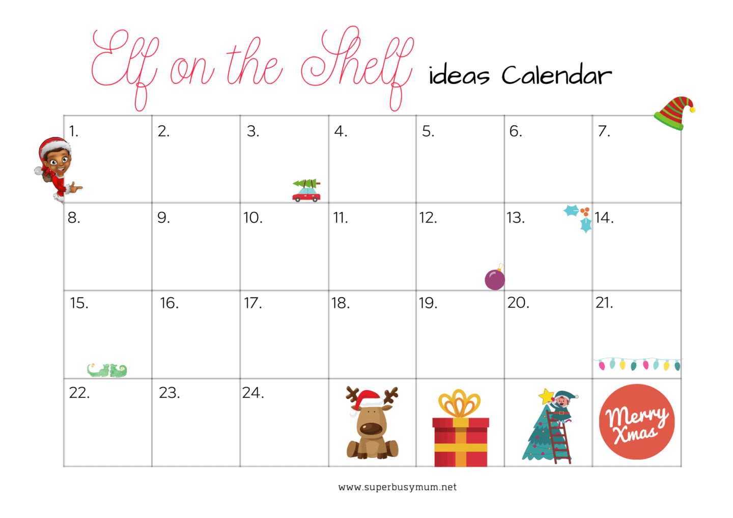 Free Elf On The Shelf Calendar Printable - Super Busy Mum for Elf on the Shelf Planning Calendar Printable