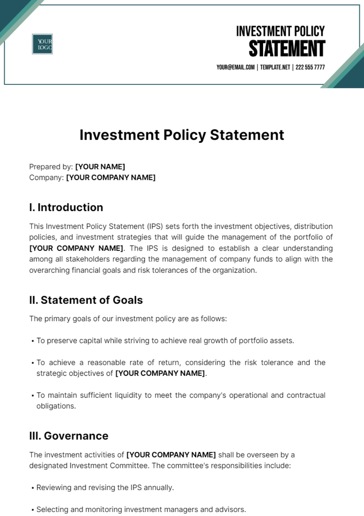 Free Investment Policy Statement Template To Edit Online regarding Investment Policy Statement Sample Template
