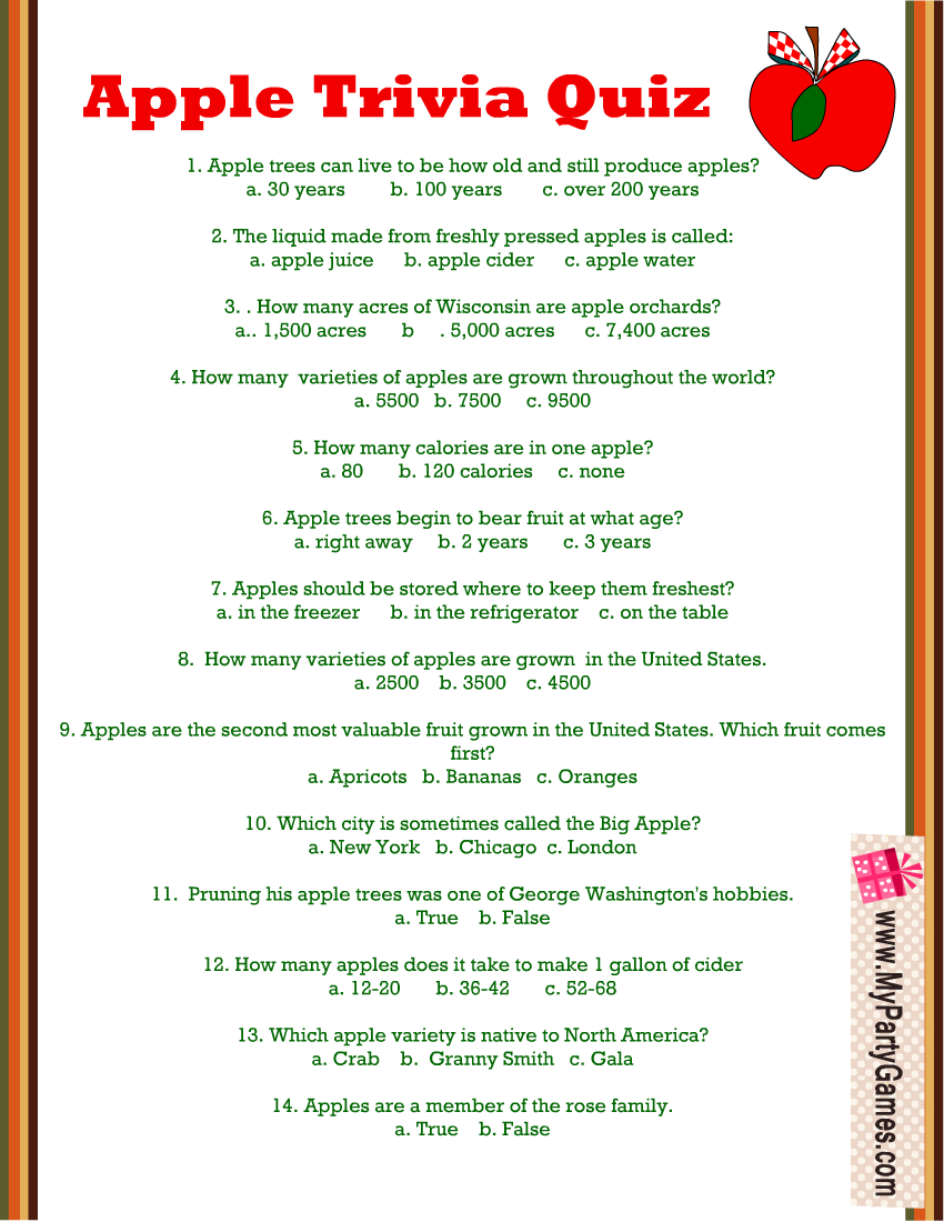 Free Printable Apple Trivia Quiz With Answer Key in Free Printable Trivia Questions And Answers
