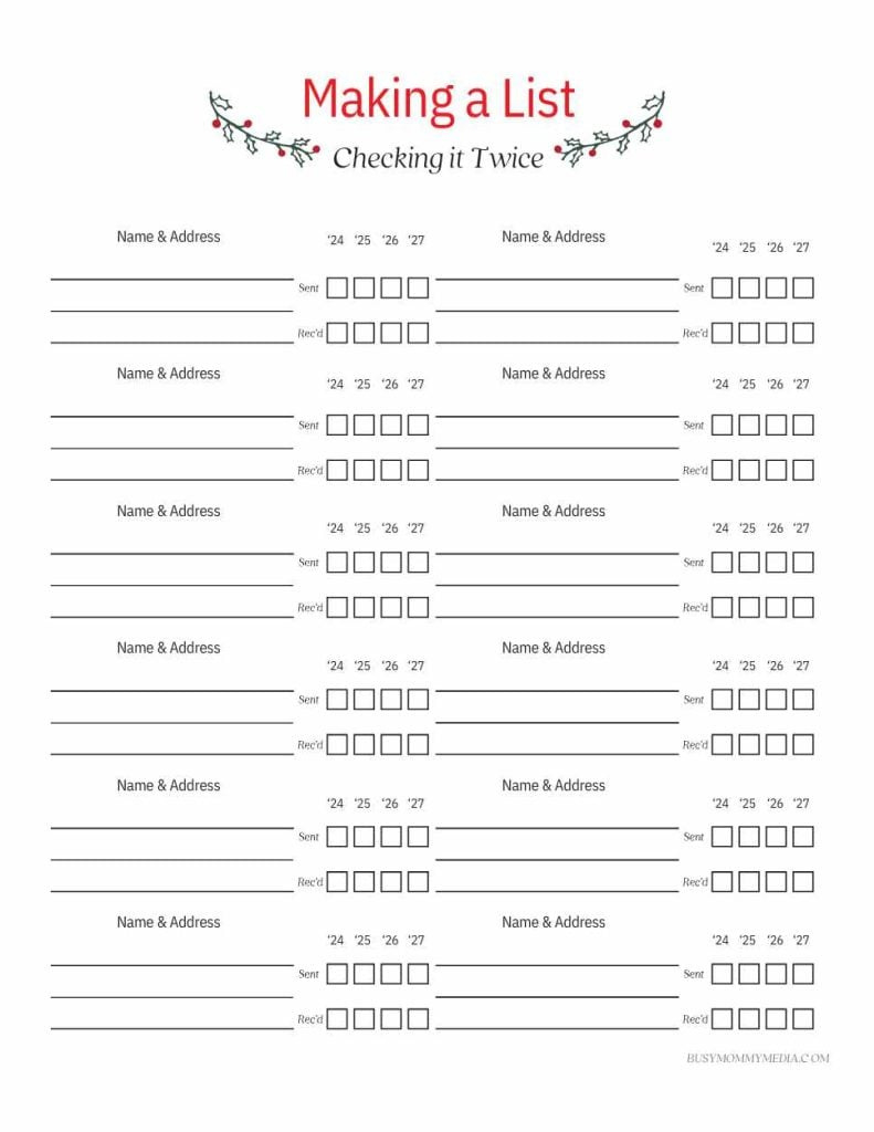 Free Printable Christmas Card Address List for Printable Christmas Card Address List