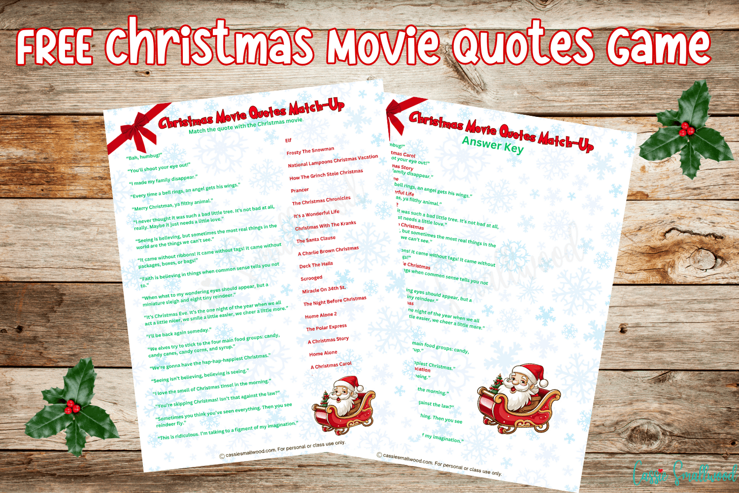Free Printable Christmas Game - Christmas Movie Quotes Match-Up throughout Christmas Movie Games Printable