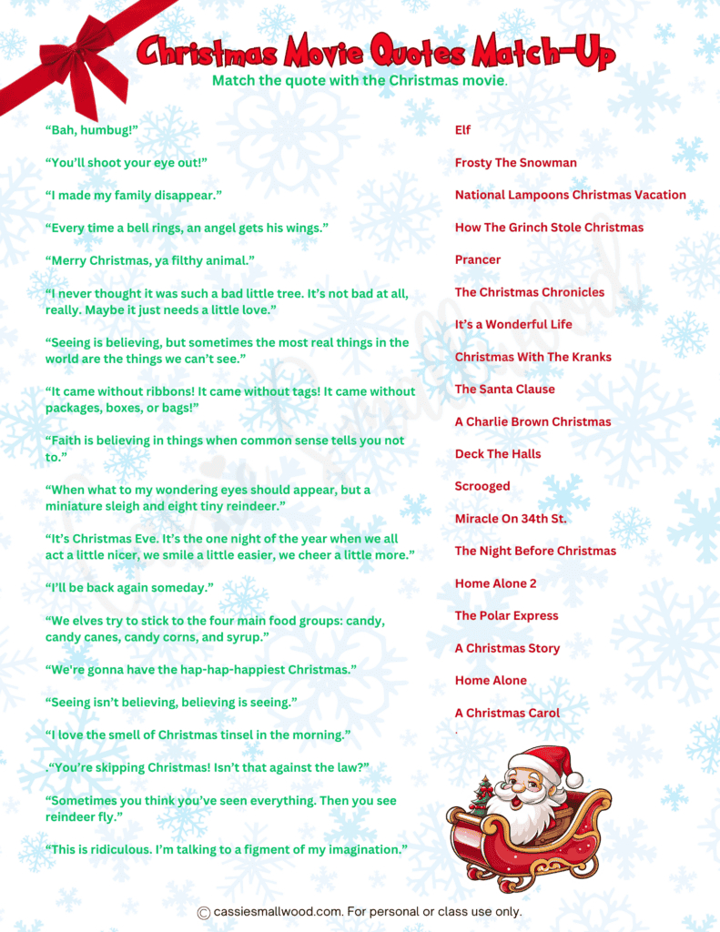 Free Printable Christmas Game - Christmas Movie Quotes Match-Up with Christmas Movie Quote Game Printable