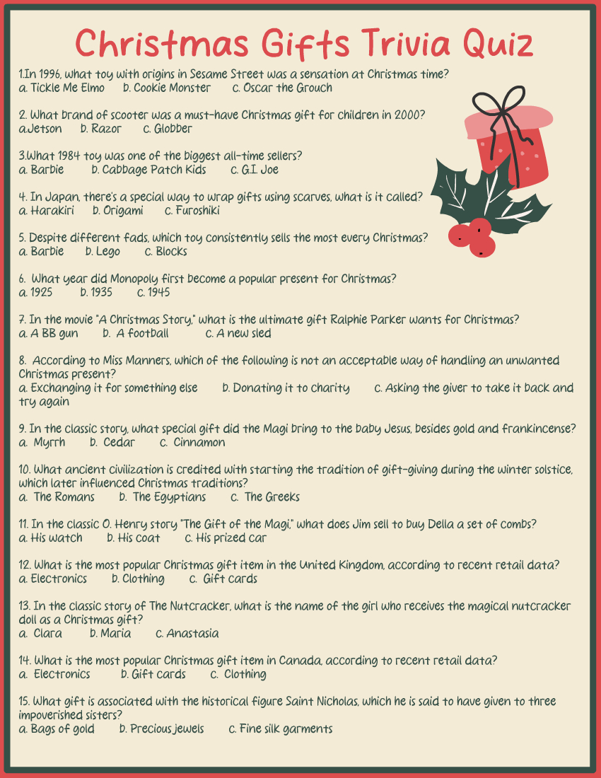 Free Printable Christmas Gifts Trivia Quiz With Answer Key with Free Printable Christmas Trivia Questions And Answers