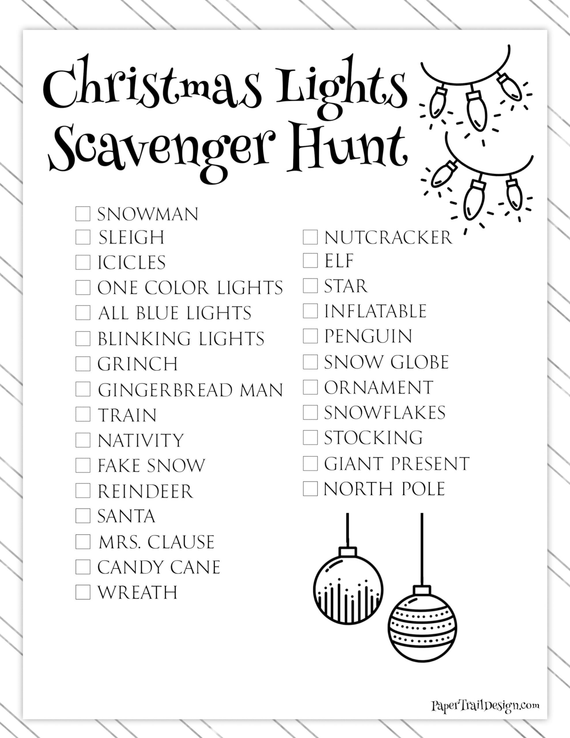 Free Printable Christmas Light Scavenger Hunt - Paper Trail Design pertaining to Christmas Light Scavenger Hunt List Printable