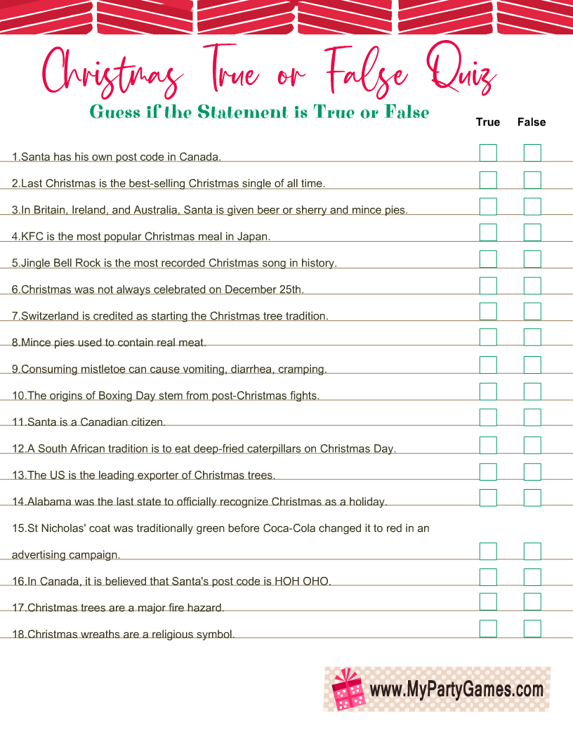 Free Printable Christmas True Or False Trivia Quiz with Christmas True Or False Quiz Printable