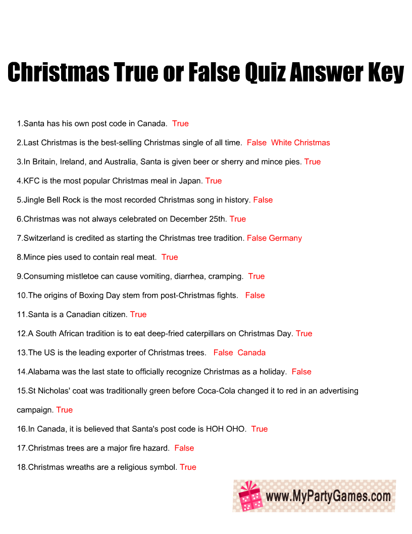 Free Printable Christmas True Or False Trivia Quiz within Christmas True Or False Quiz Printable
