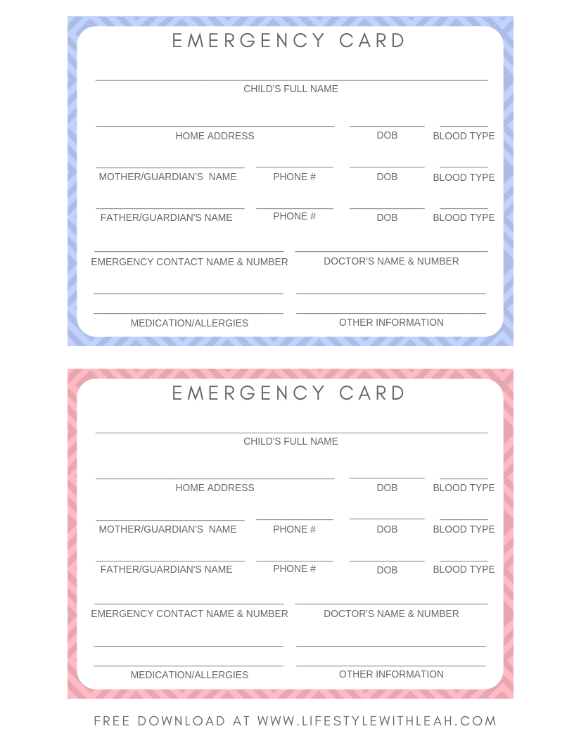 Free Printable Emergency Cards For Your Kids - Lifestyle With Leah throughout Free Emergency Card Template