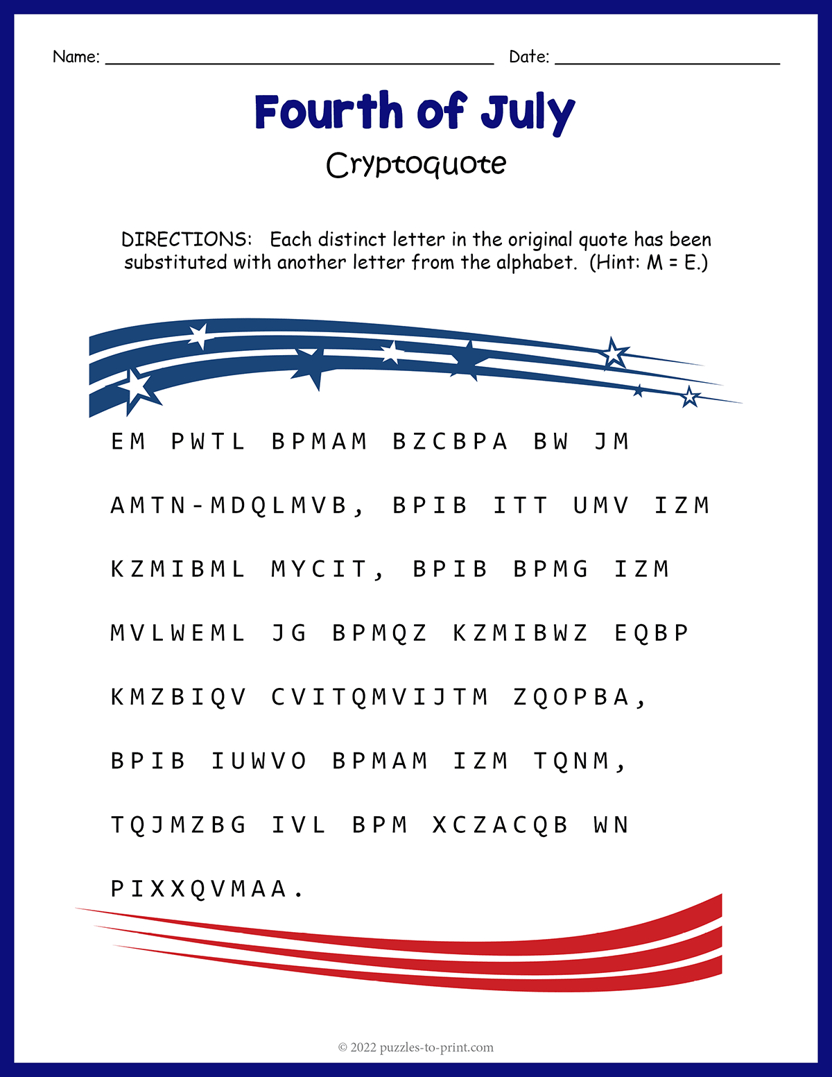 Free Printable Fourth Of July Cryptoquote inside Free Daily Printable Cryptoquote Puzzles