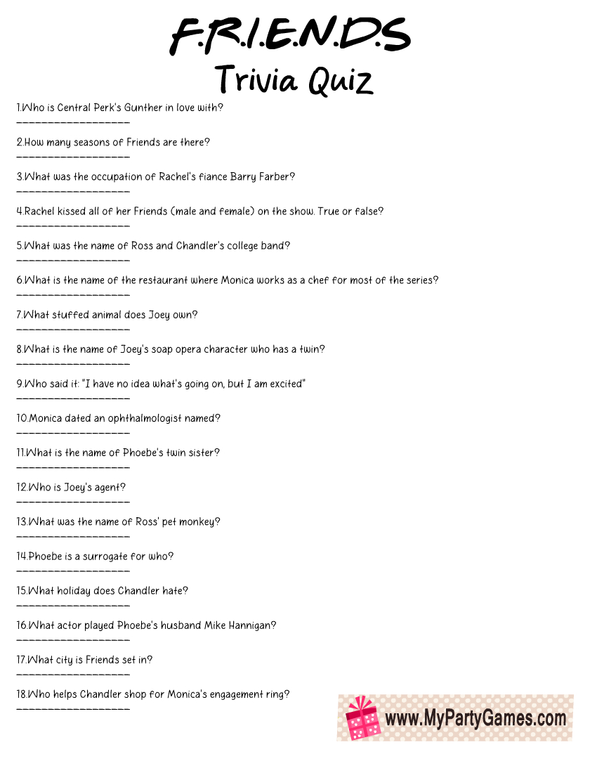 Free Printable Friends Tv Show Trivia Quiz With Key with Free Printable Trivia Questions and Answers