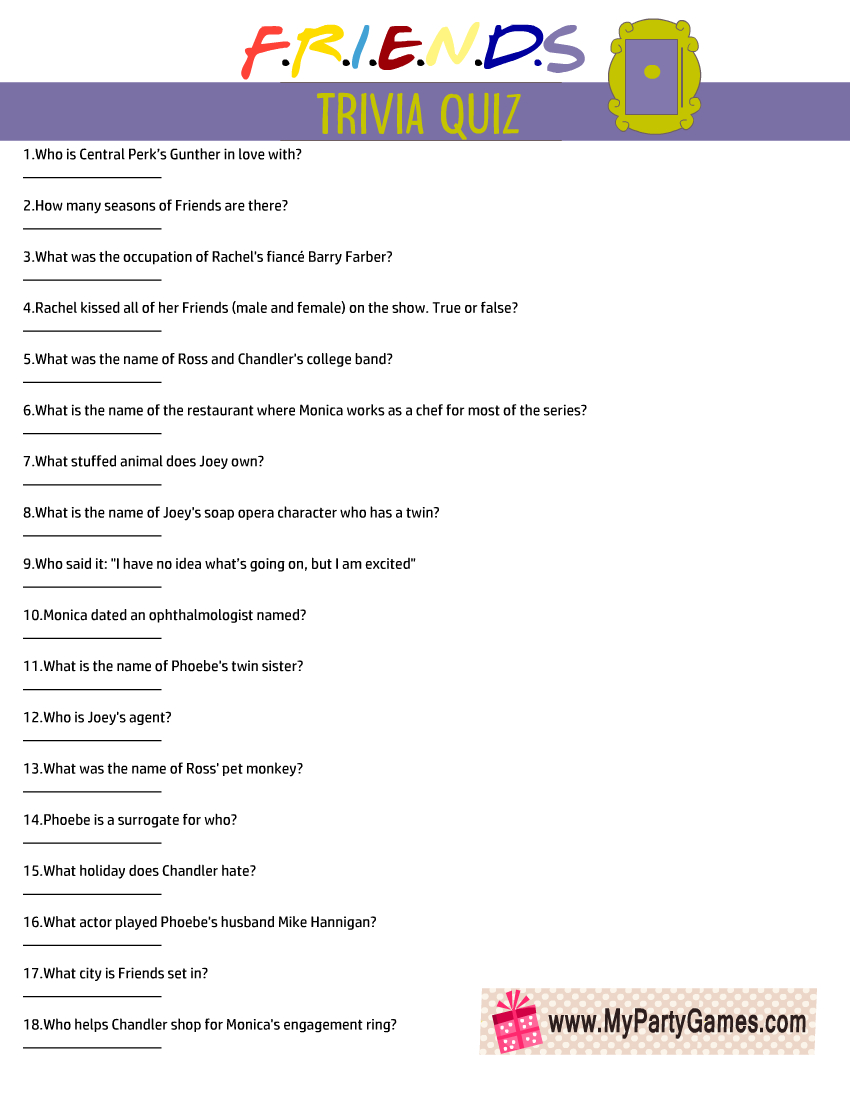 Free Printable Friends Tv Show Trivia Quiz With Key with regard to Free Printable Pub Quiz Questions And Answers