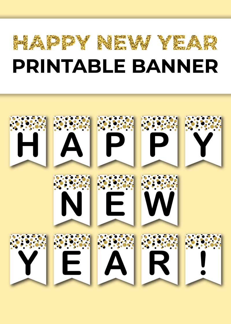 Free Printable Happy New Year Banner (Black And Golden Confetti with regard to Happy New Year Free Printable Banner
