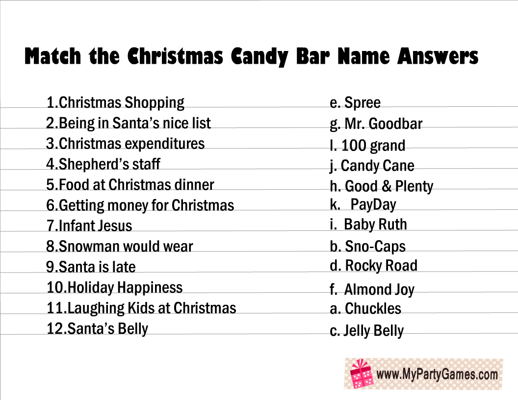 Free Printable Match The Christmas Candy Bar Name Game for Christmas Candy Match Game Free Printable