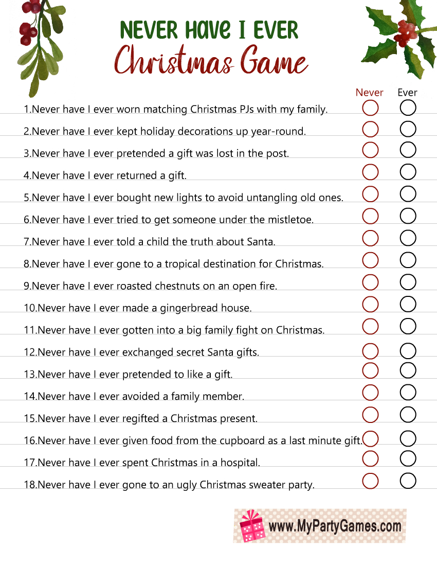 Free Printable Never Have I Ever Christmas Game For Adults throughout Printable Christmas Party Games For Adults