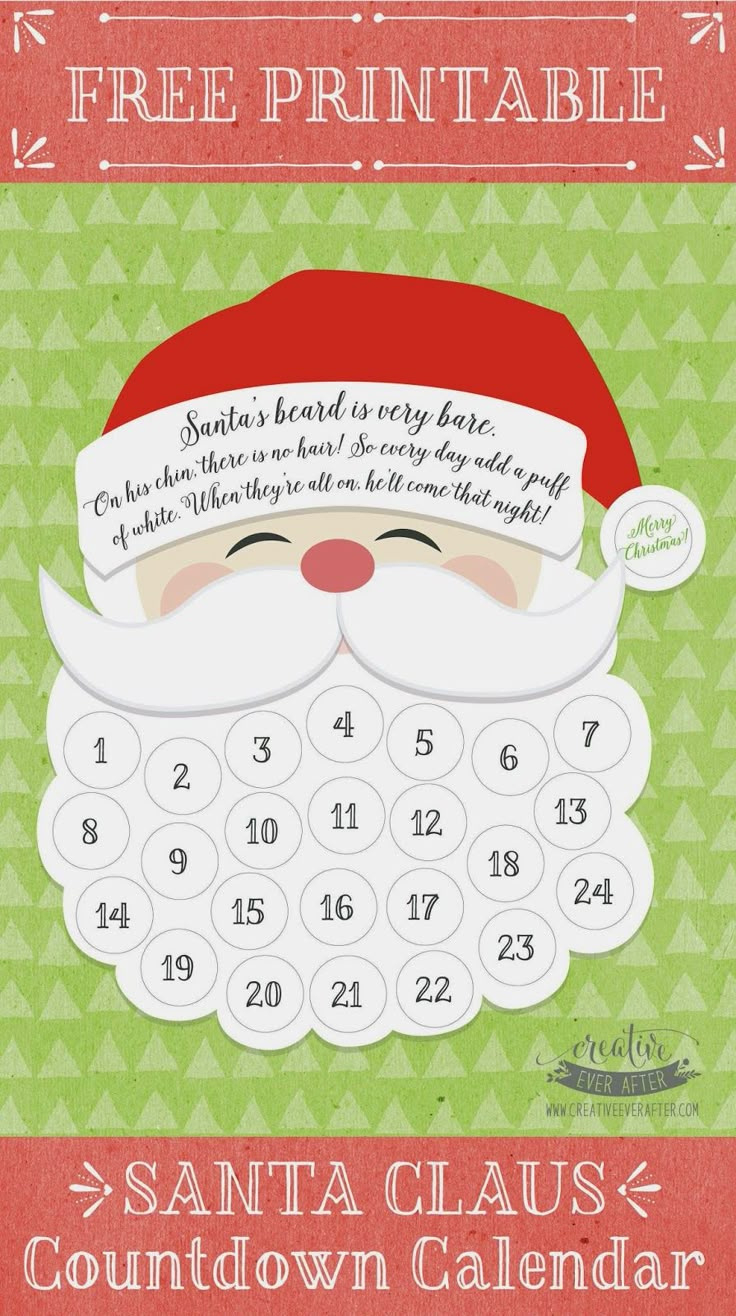 Free Printable} Santa Claus Beard Countdown Calendar for Santa Christmas Countdown Printable