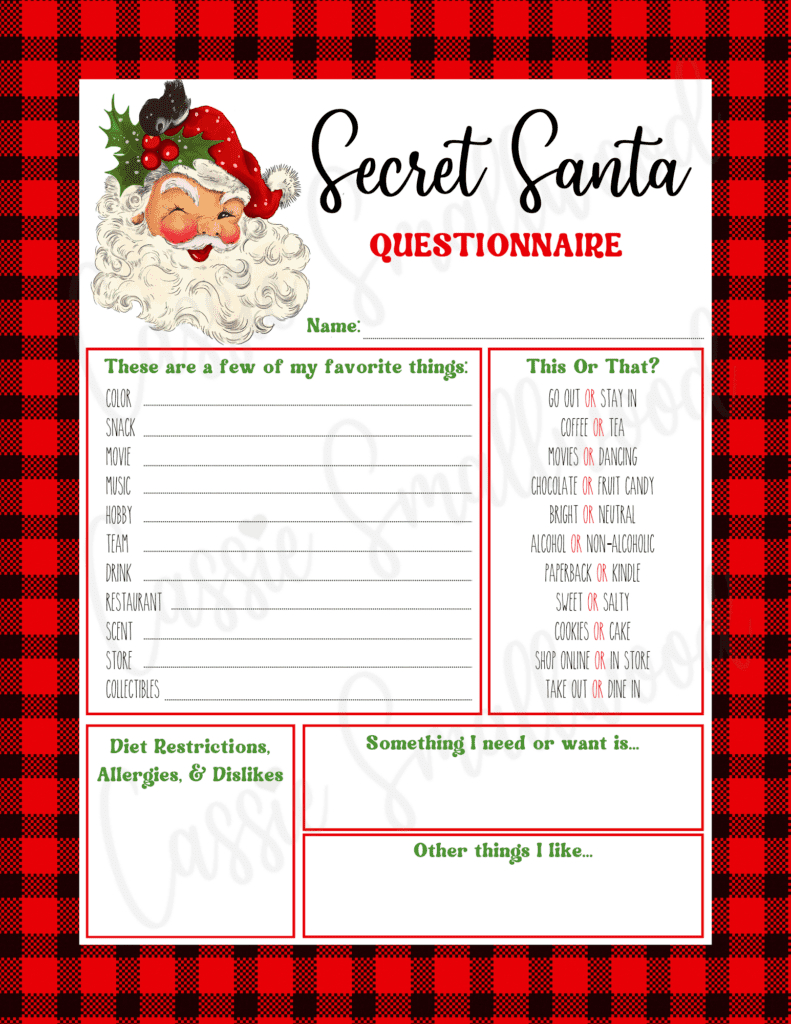 Free Printable Secret Santa Questionnaire Templates - Cassie Smallwood inside Free Printable Secret Pal Form