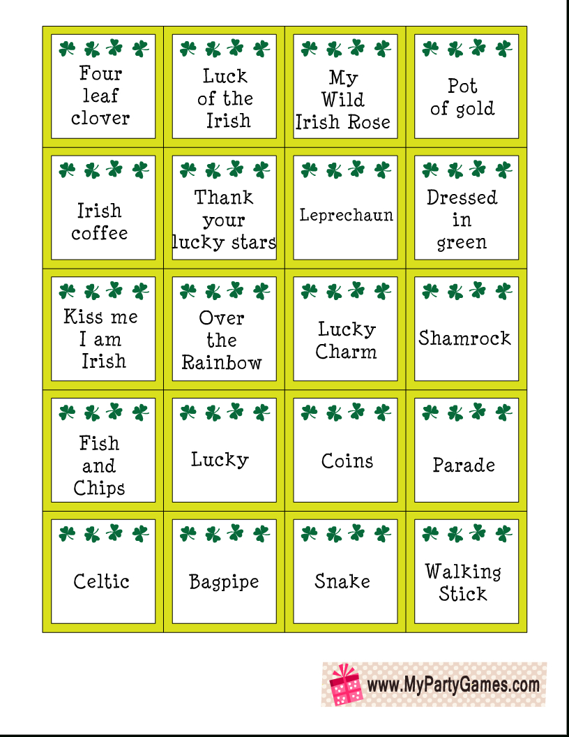 Free Printable St. Patrick'S Day Pictionary Words in Free Printable Pictionary Cards