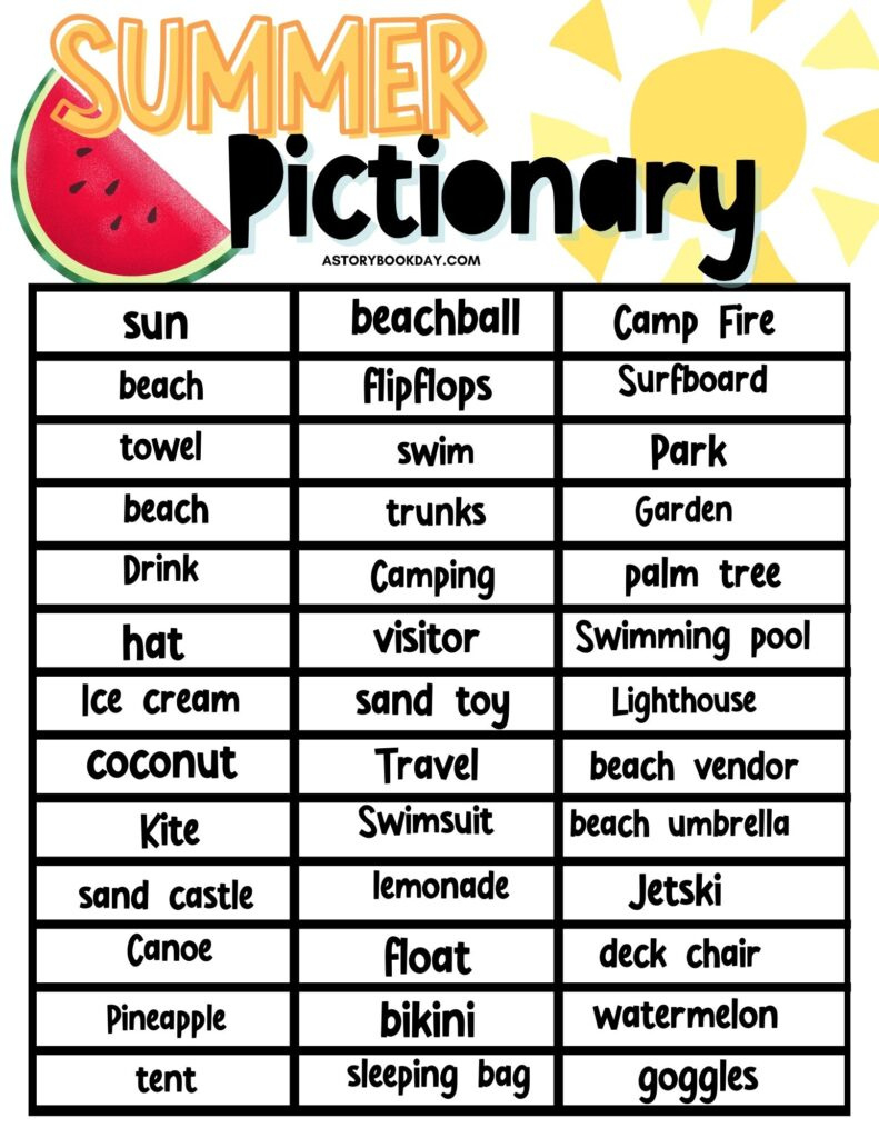 Free Printable Summer Pictionary Game within Free Printable Pictionary Word List
