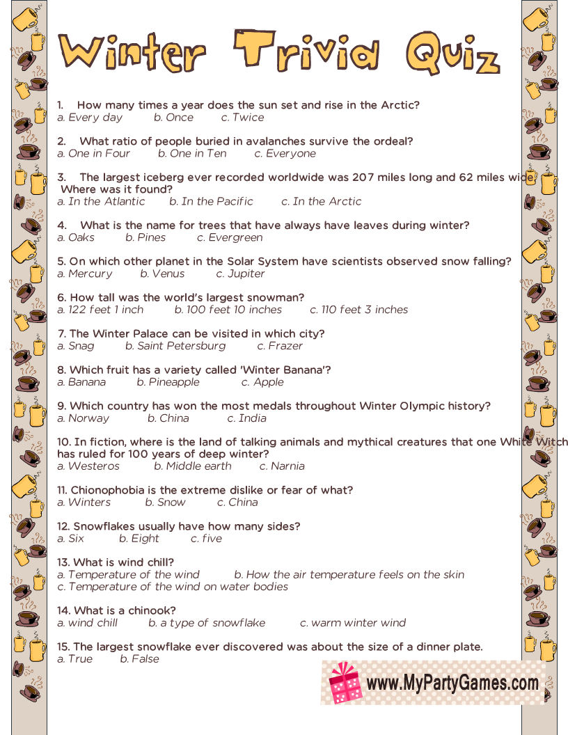 Free Printable Winter Trivia Quiz With Answers in Free Printable Quizzes For Seniors