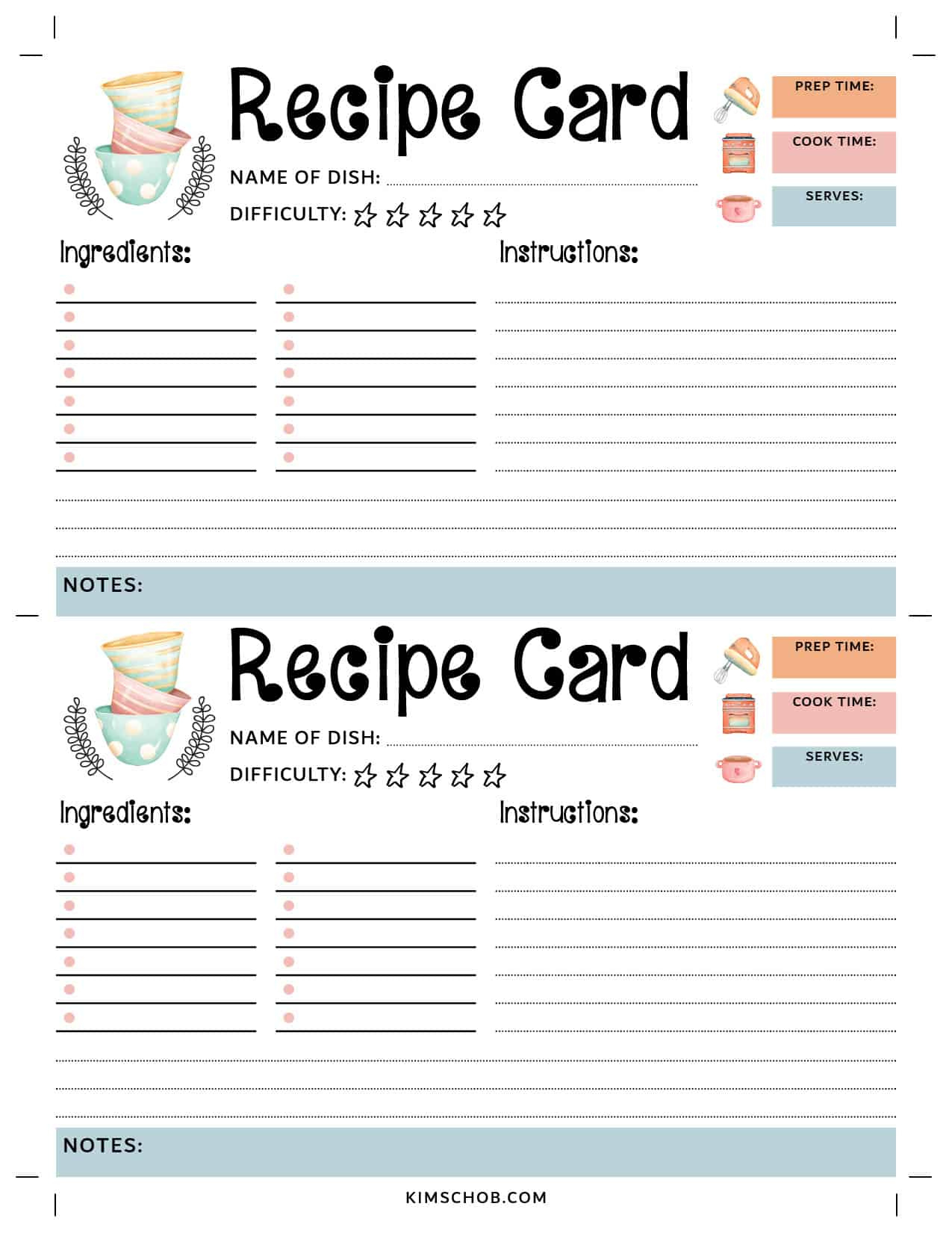Free Recipe Card Printable - Kim Schob for Free 4X6 Recipe Card Templates