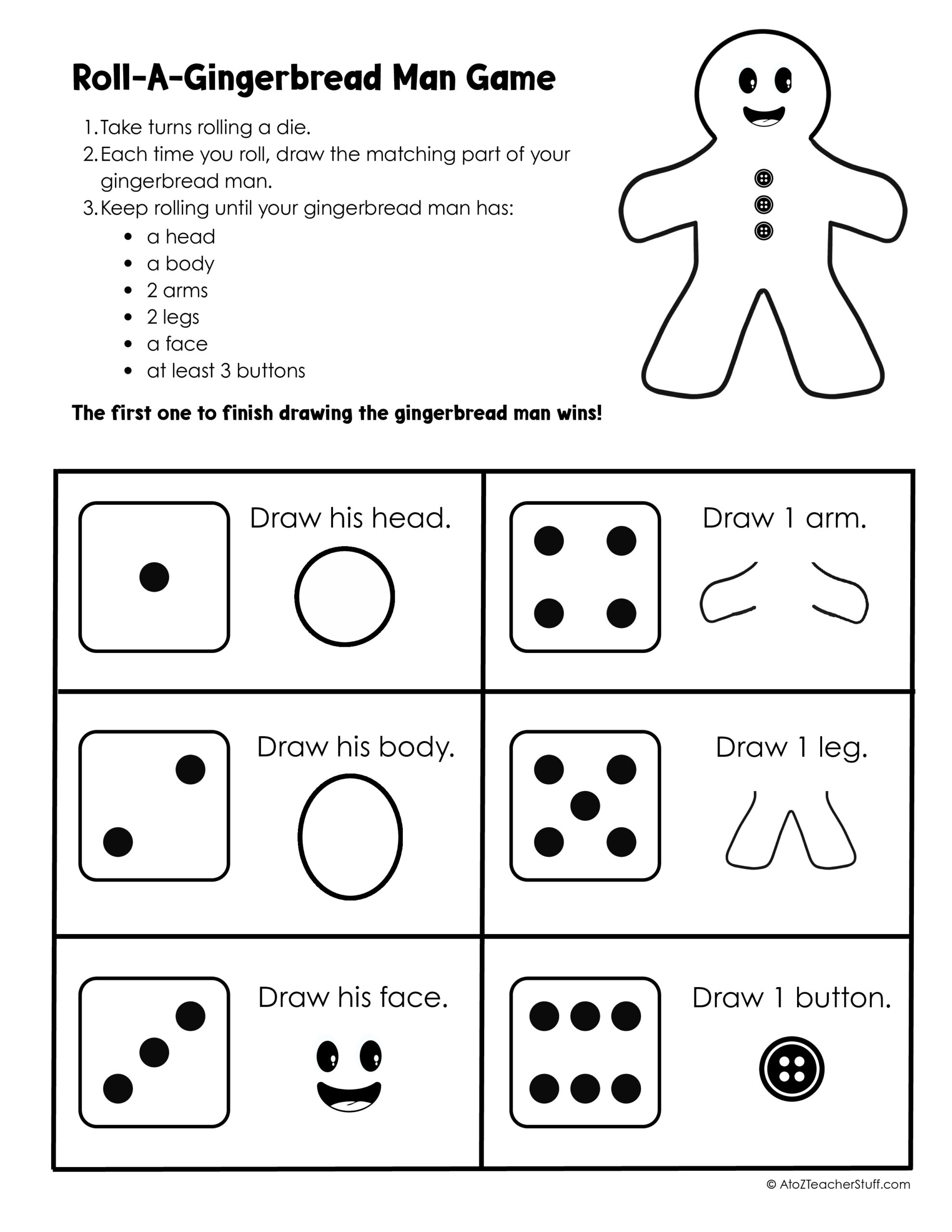 Free Roll-A-Gingerbread Man Printable Game - A To Z Teacher Stuff regarding Roll a Gingerbread Man Printable