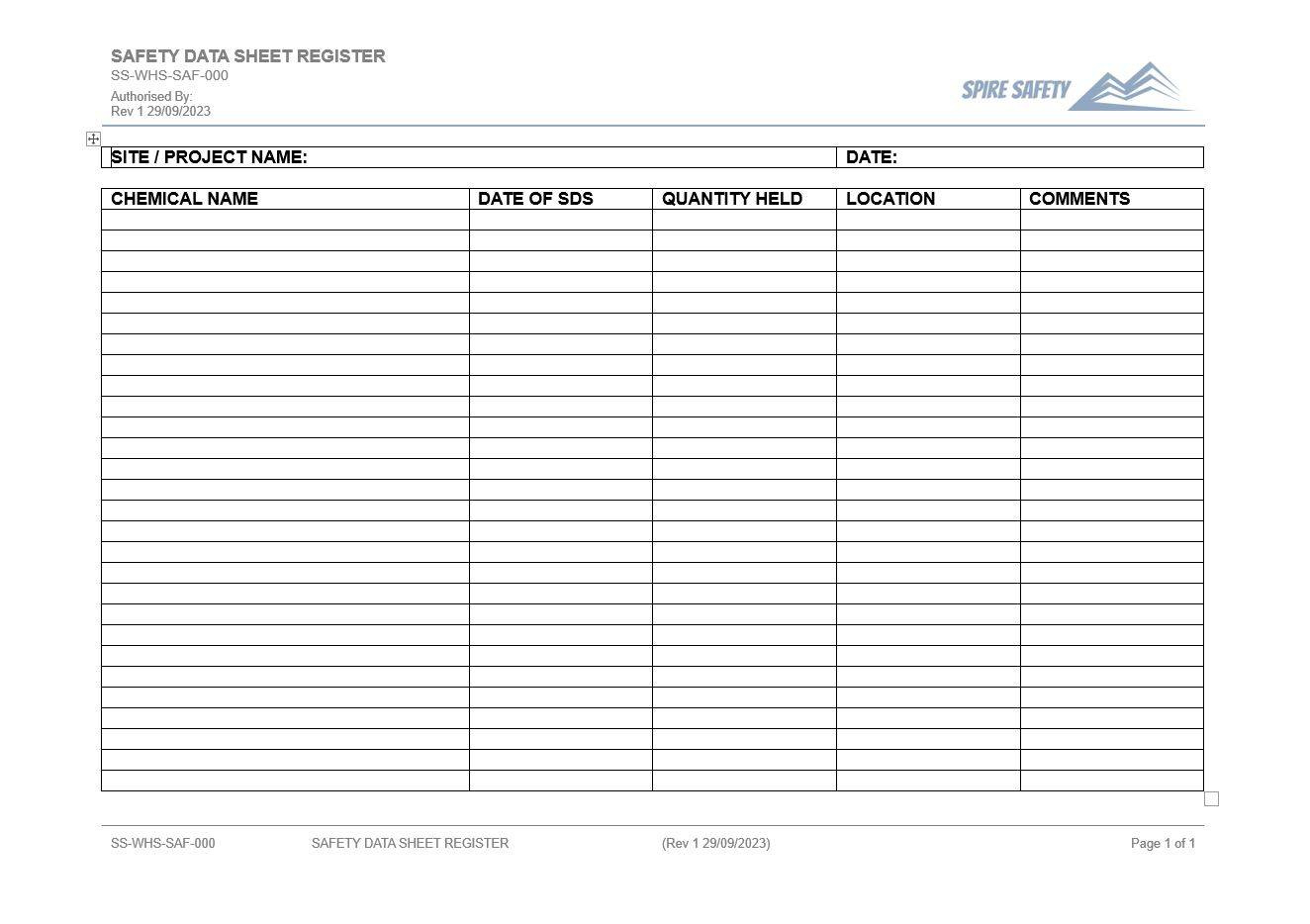 Free Safety Data Sheet Register Template - Spire Safety Consultants intended for Free Printable Msds Data Sheets